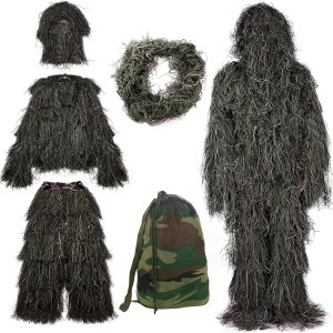 Sibosen Traje Ghillie 5 en 1  Ropa de caza de camuflaje 3D que incluye chaqueta, pantalones, capucha, bolsa de transporte Sibosen Traje Ghillie 5 en 1  Ropa de caza de camuflaje 3D que incluye chaqueta, pantalones, capucha, bolsa de transporte