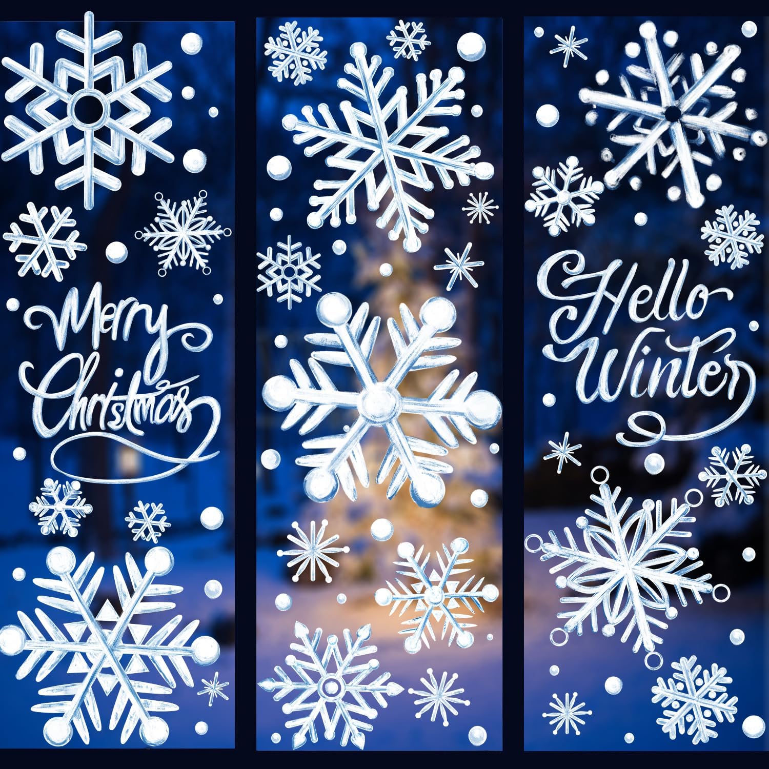 YUJUN 8 hojas de calcomanías de ventana de copos de nieve de invierno, pintura al óleo azul de Navidad, copos de nieve, calcomanías para ventana de