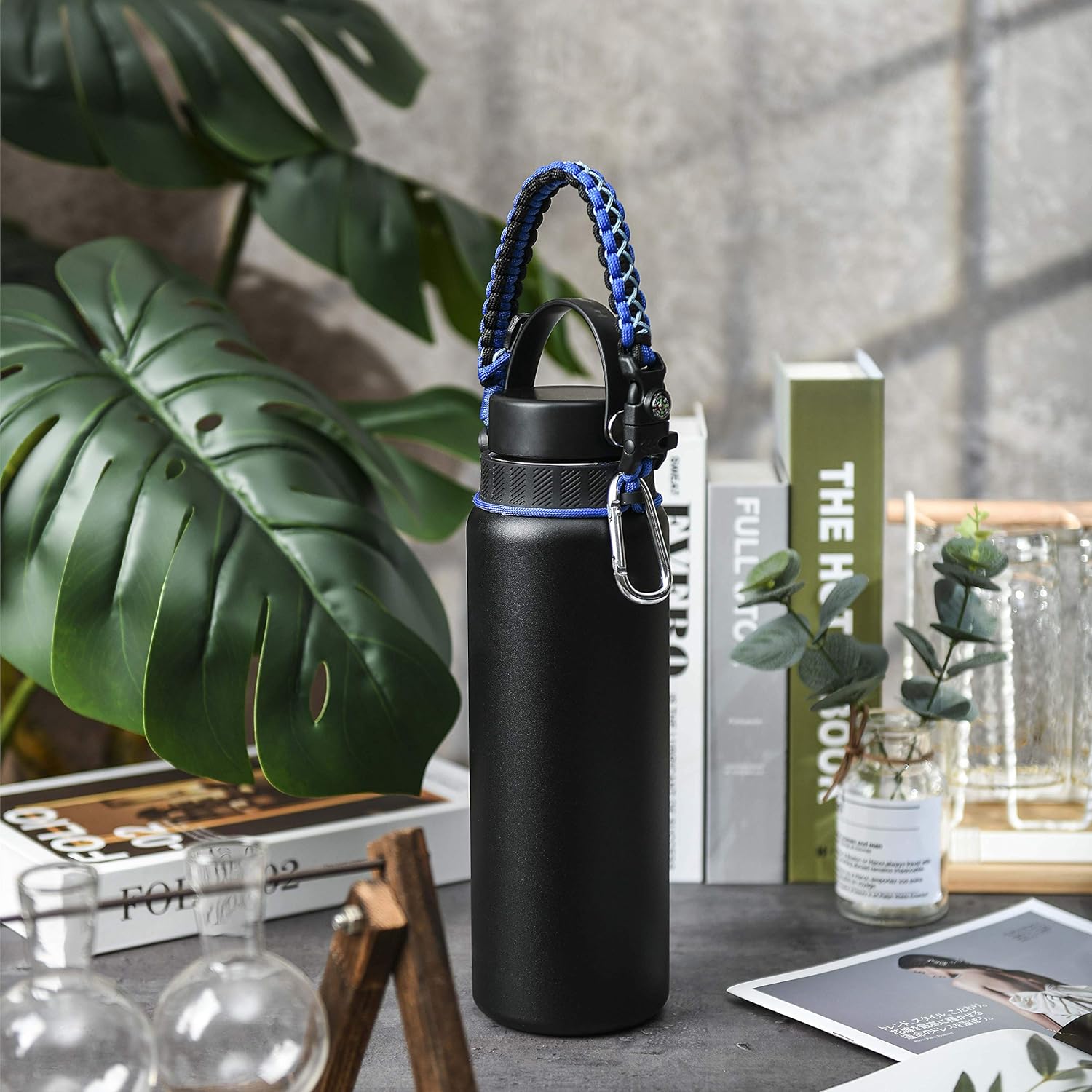 Asa de cuerda de paracaídas para botella Hydro Flask 2.0 de boca ancha estándar con anillo y mosquetón (12, 16, 18, 20, 32, 40 y 64 onzas)