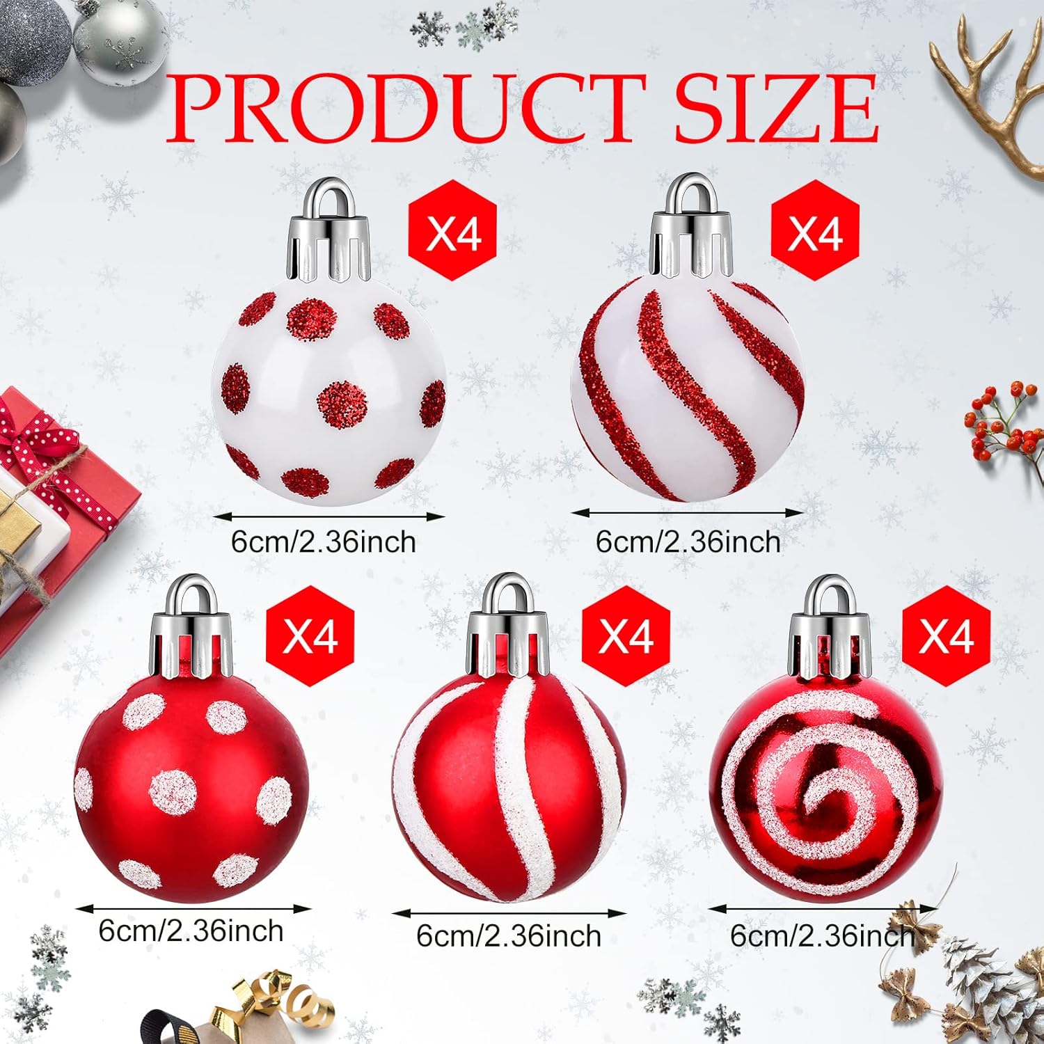 Bolas de Navidad adornos mini colgantes para árbol de Navidad, bolas de Navidad rojas y blancas, adornos decorativos para colgar con lazo para