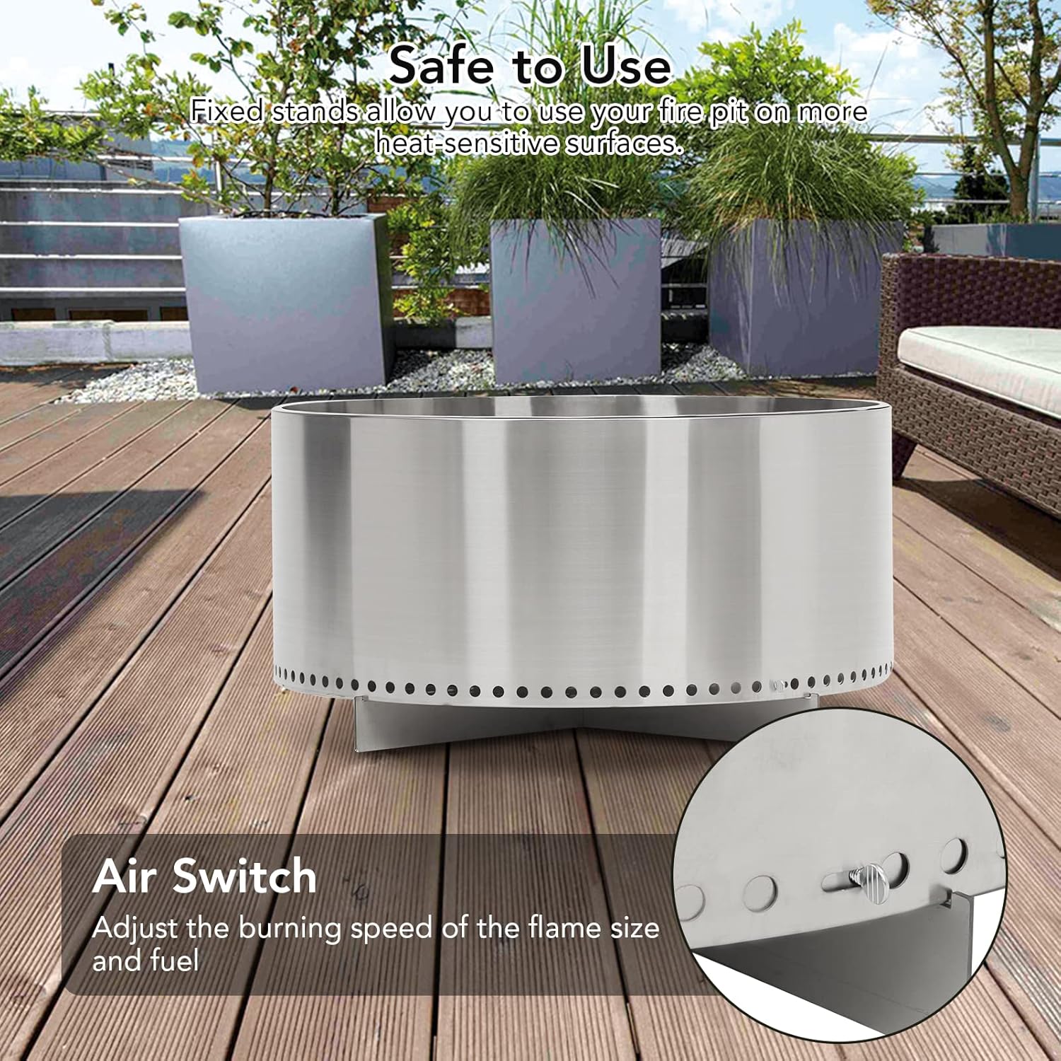 Fogata sin humo de 27 pulgadas con interruptor de aire, fogata portátil de acero inoxidable para exteriores con soporte extraíble y cenicero, ideal