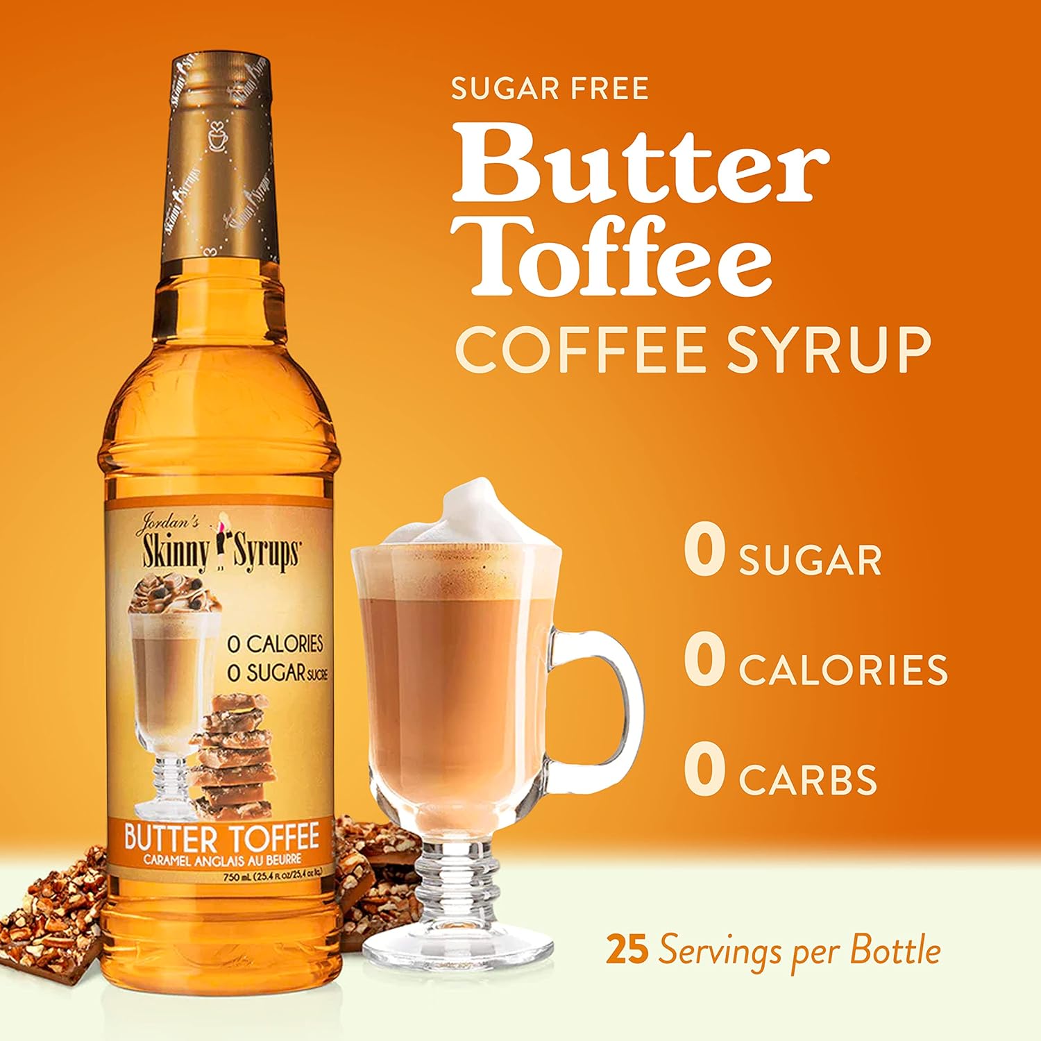 Jordan’s Skinny Syrups – Caramelo de mantequilla, jarabe saborizante sin azúcar, botella de 25.4 onzas (paquete de 1)