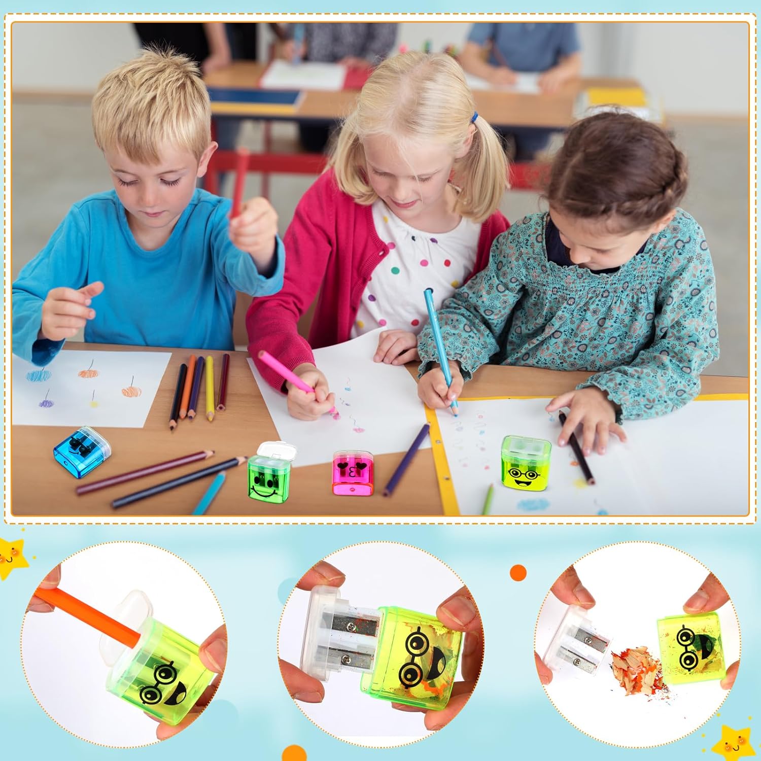 100 sacapuntas manuales de mano con doble agujero, con tapa, colorido sacapuntas Kawaii para niños, adultos, escuela, oficina, hogar, 4 estilos