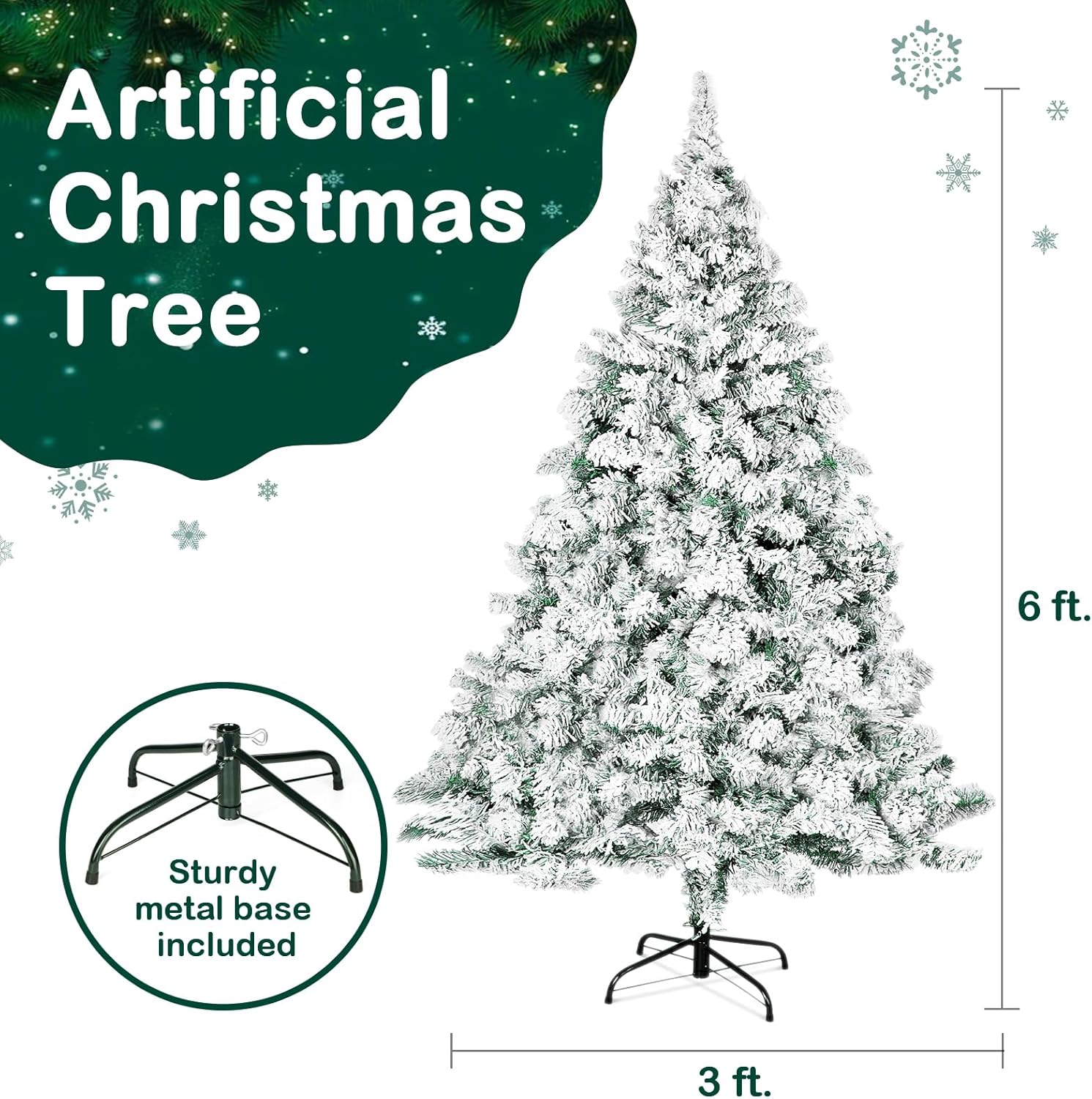 Outroad Árbol de Navidad flocado de nieve de 6 pies, pino artificial con bisagras de alta calidad, soporte de metal para árbol de Navidad y 800
