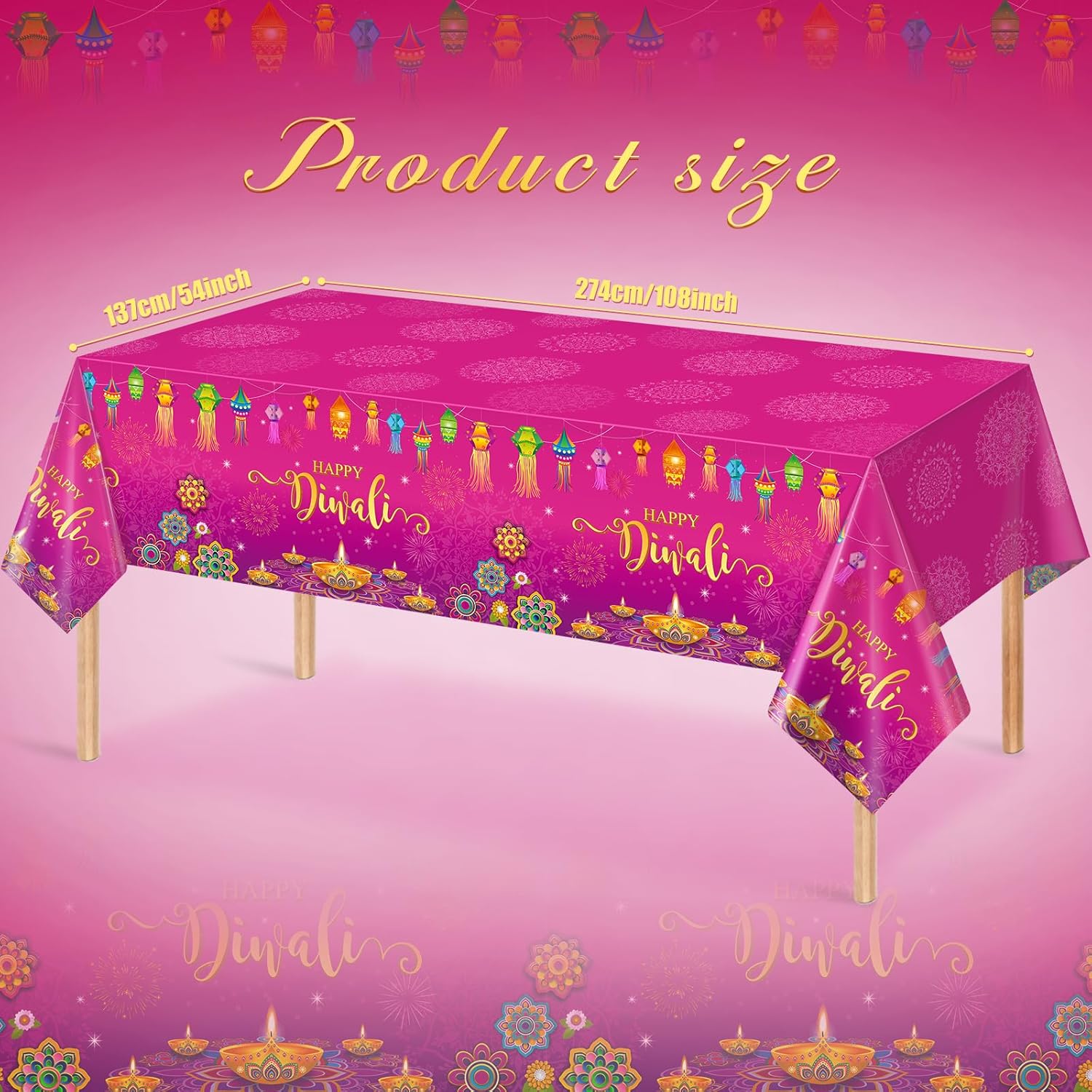 Paquete de 3 manteles desechables Happy Diwali, mantel de plástico para mesas rectangulares, mantel Diwali para decoración india de Diwali,