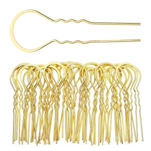 Dizila Paquete de 40 horquillas de metal dorado en forma de U en blanco, palillos chinos, palillos chinos para el cabello, base de moño rápido, Dizila Paquete de 40 horquillas de metal dorado en forma de U en blanco, palillos chinos, palillos chinos para el cabello, base de moño rápido,