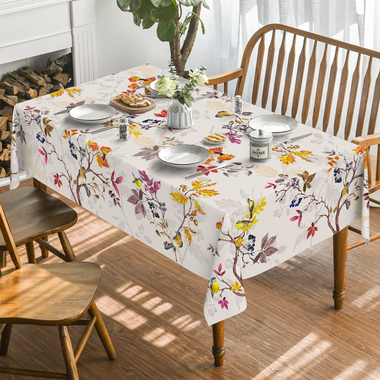 Horaldaily Mantel de otoño de 60 x 84 pulgadas, decoración de mesa de Acción de Gracias, cosecha de otoño, acuarela, pájaros, árboles, para fiesta,