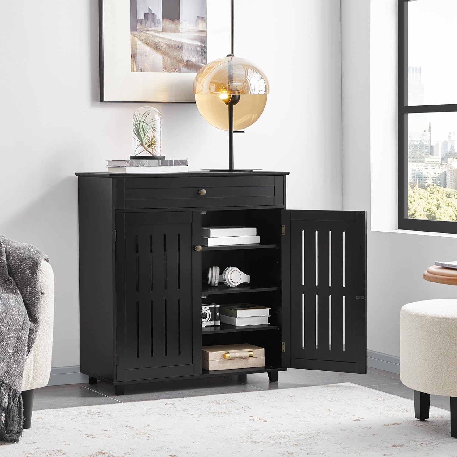 Topeakmart Gabinete de almacenamiento negro con puertas, cajones y estantes, organizador de archivos, soporte de pintor para oficina en casa