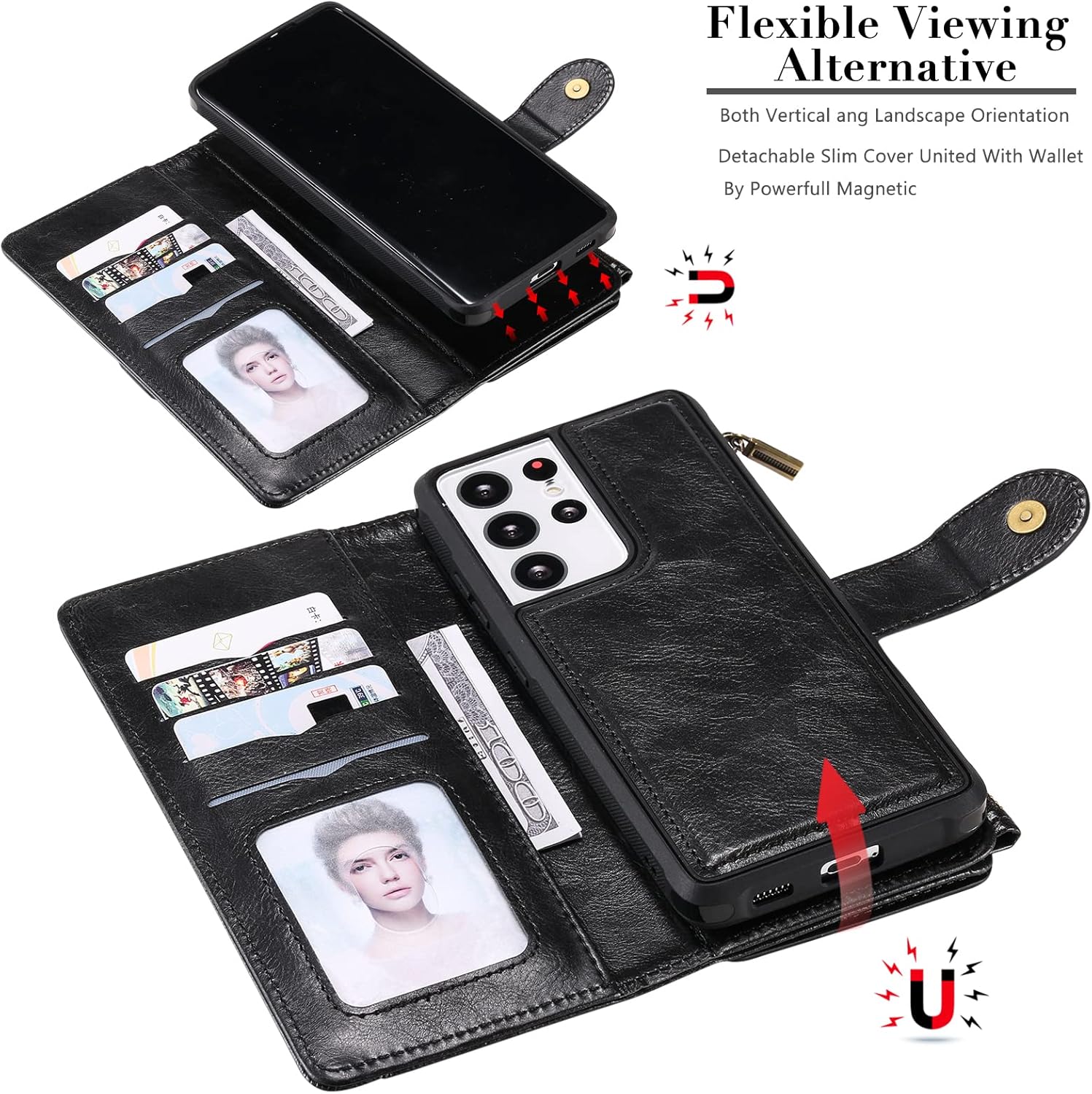 Asuwish Funda de teléfono para Samsung Galaxy S21 Ultra 5G con cremallera, protector de pantalla de vidrio templado y tarjetero de cuero, accesorios