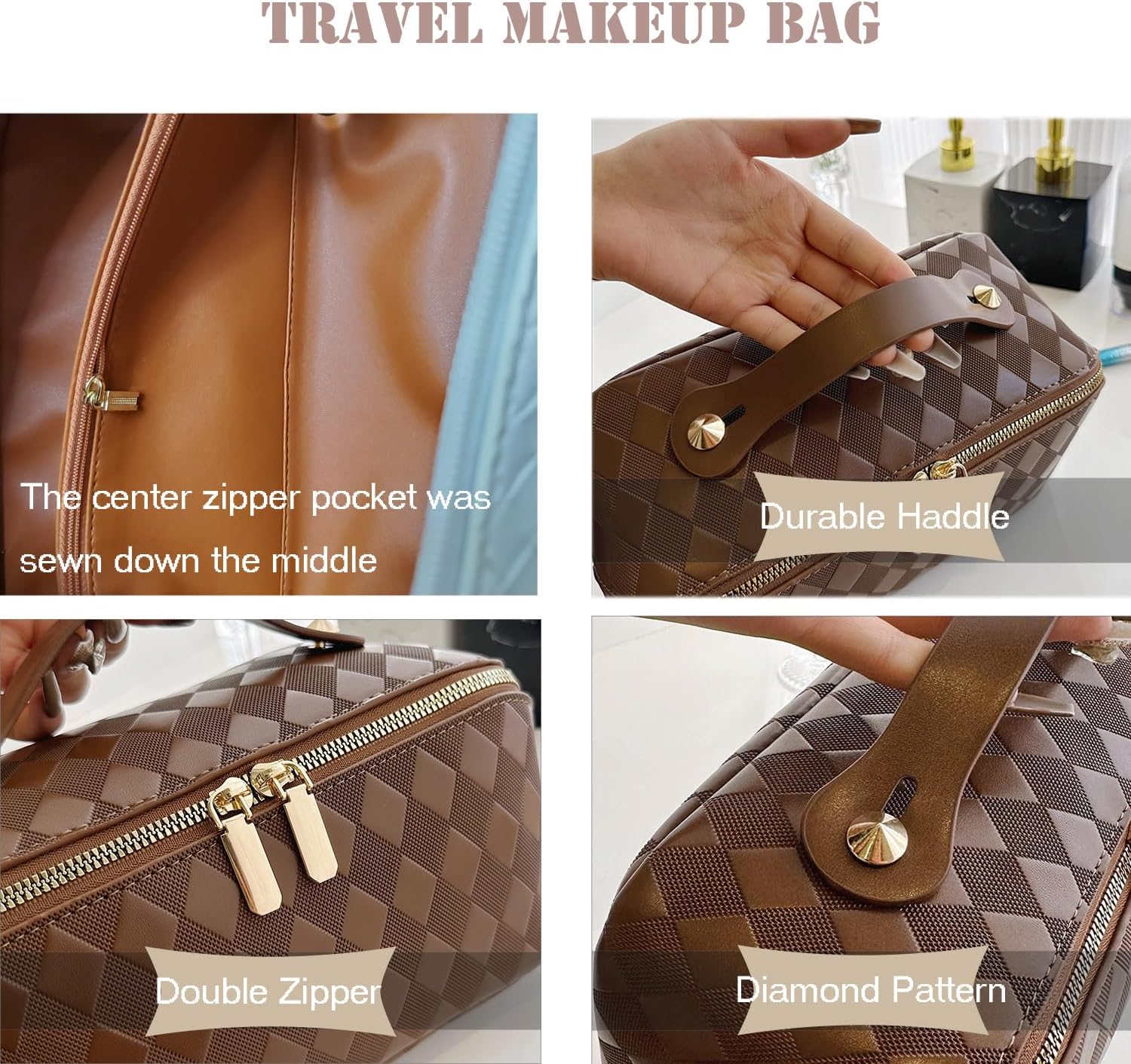 Bolsa de maquillaje de viaje, bolsa de maquillaje de gran apertura, bolsa de maquillaje portátil que se abre plana para un fácil acceso, bolsa de