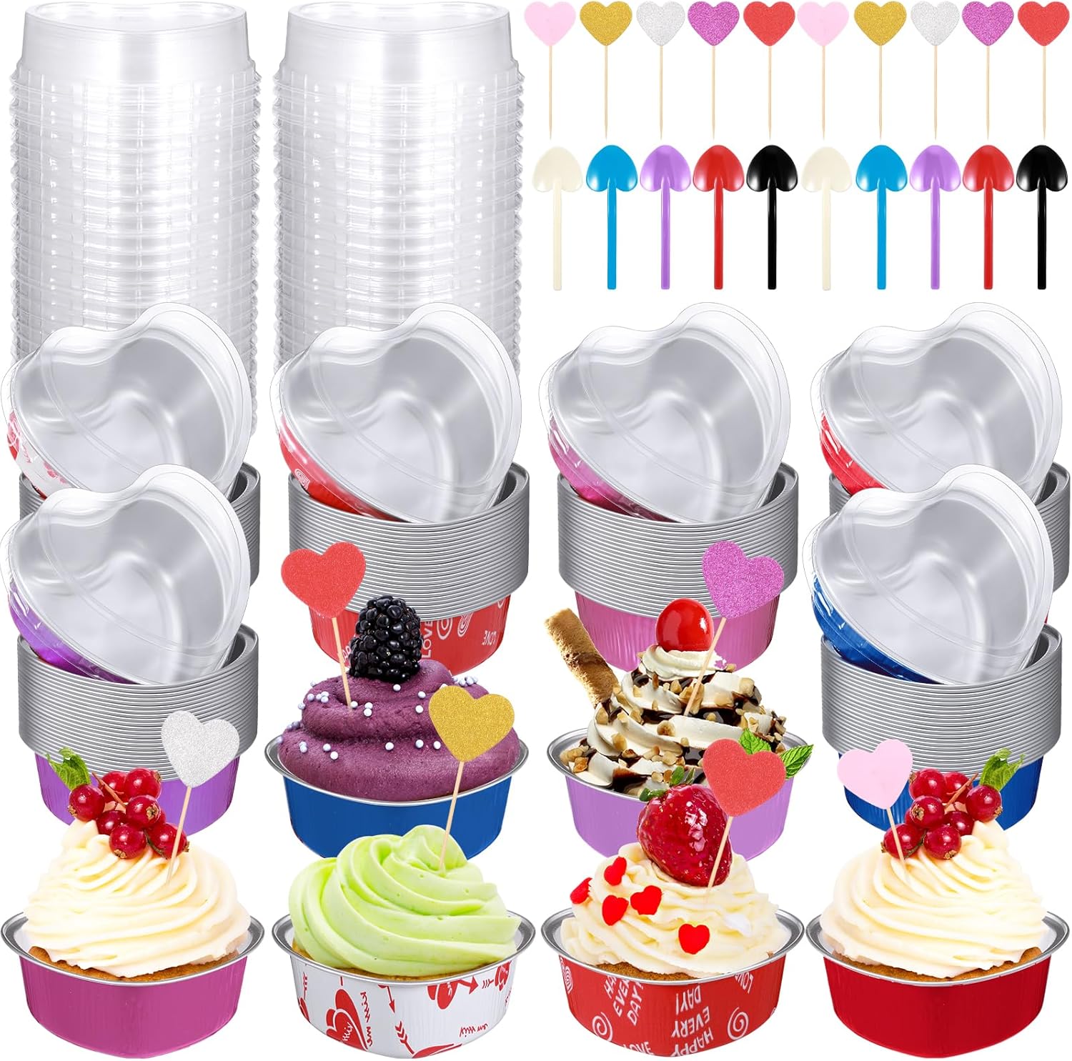 Juego de 100 moldes para tartas en forma de corazón de 3.4 onzas con tapas de aluminio, mini moldes desechables para tartas, moldes para hornear con