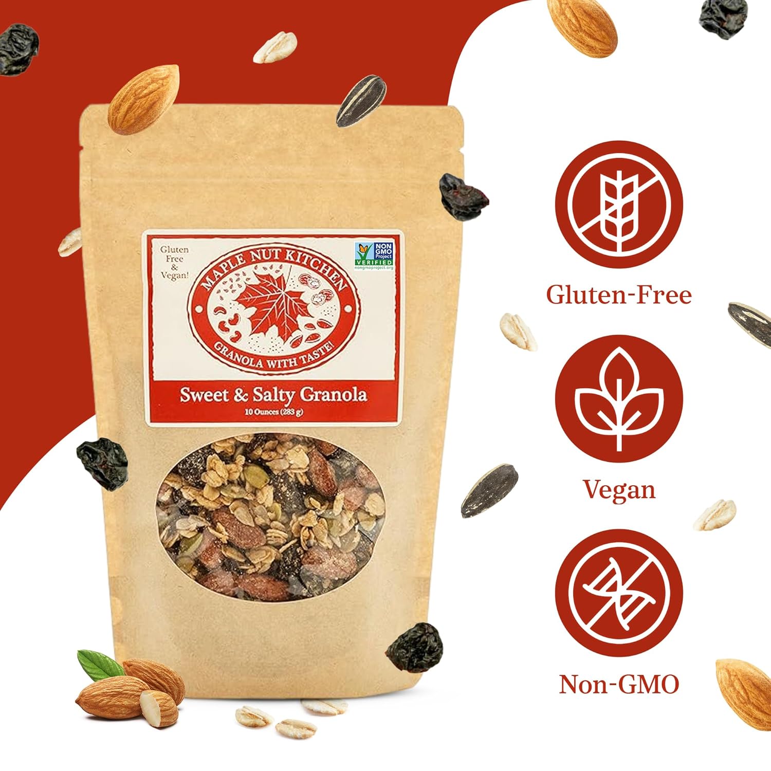 Maple Nut Kitchen Granola dulce y salada – Sin gluten y vegana  Nutty Bliss con almendras de arce, chocolate y cerezas 10 onzas