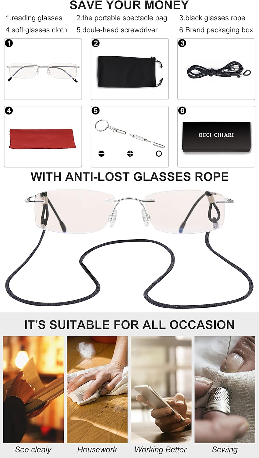 OCCI CHIARI Lentes de lectura de 1.5 con bloqueo de luz azul para mujer y mujer, diseño con bisagra de resorte duradera sin marco 1.0 1.25 1.5 1.75