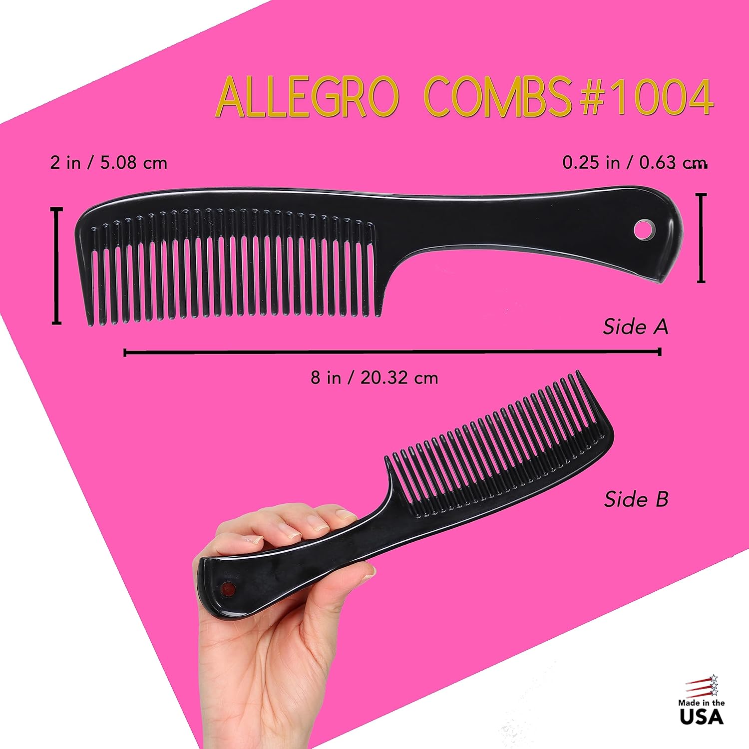 Allegro Comb 1004 Peines desenredantes de dientes anchos para mujeres, estilistas, peine de pelo rizado para hombre, 2 piezas (negro)