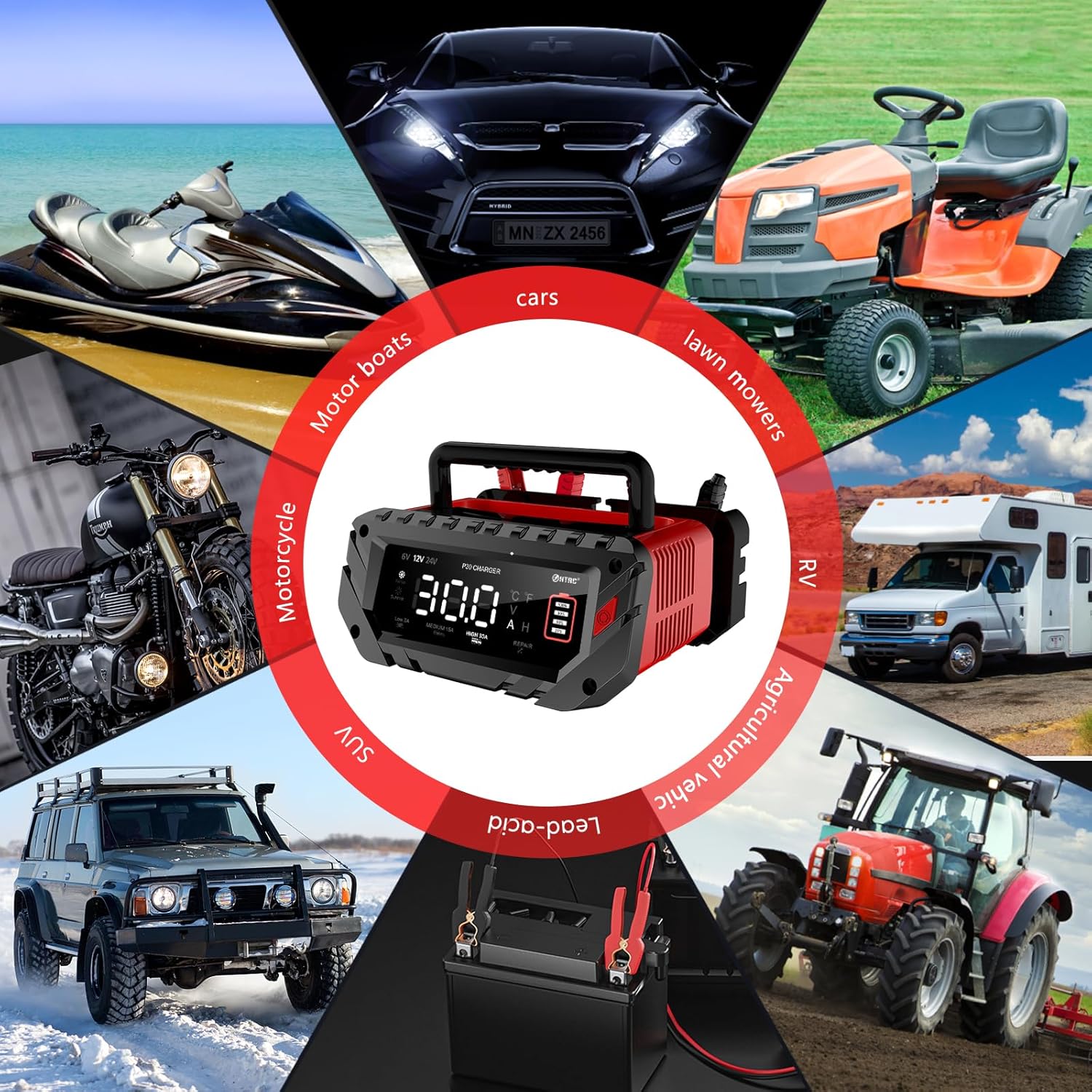Cargador de batería de 30 amperios, cargador inteligente de goteo 6V12V24V, cargador de batería de coche, litio, Lifepo4, plomo ácido (AGMGelSLA…)