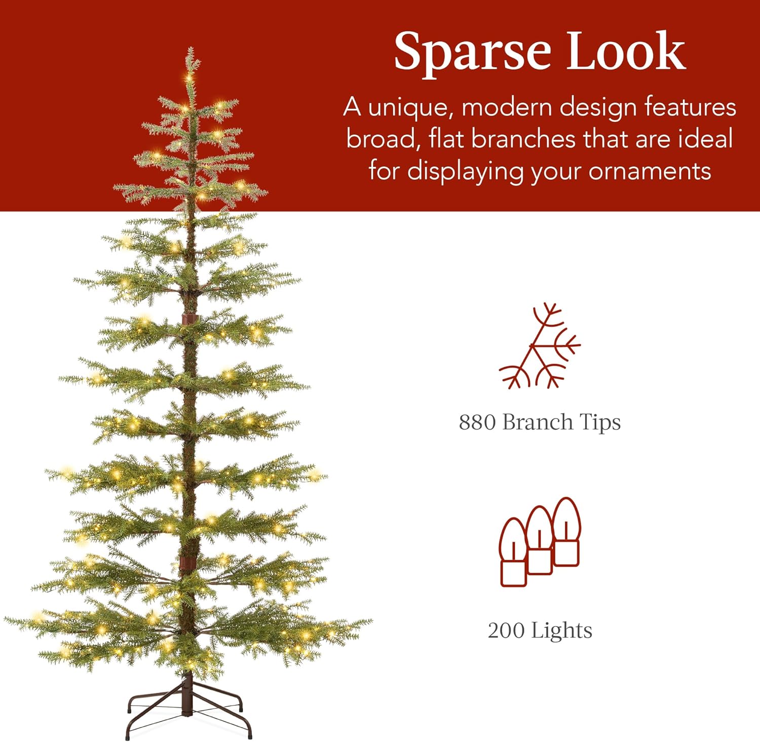 Best Choice Products Árbol de Navidad preiluminado de 6 pies, decoración navideña de pino artificial con 880 puntas de rama, 200 luces LED