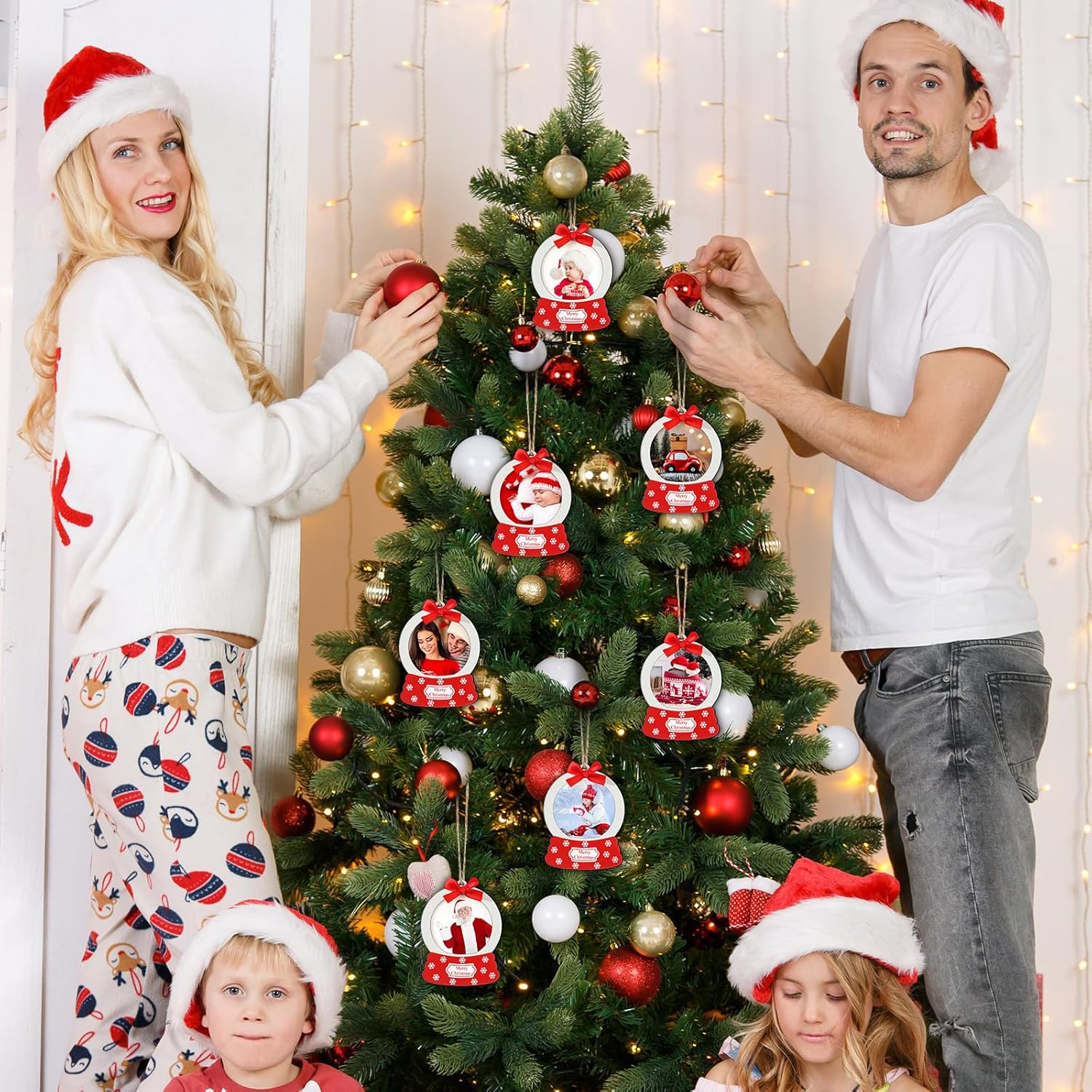 Blulu 24 piezas de adornos de bola de nieve de Navidad a granel, marco de fotos de Navidad, adornos colgantes de Navidad para árbol de Navidad,