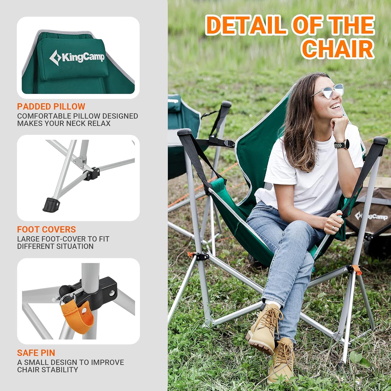 KingCamp Hamaca, silla de camping, mecedora oscilante para adultos, césped, playa, silla plegable portátil con soporte trasero ajustable, soporte