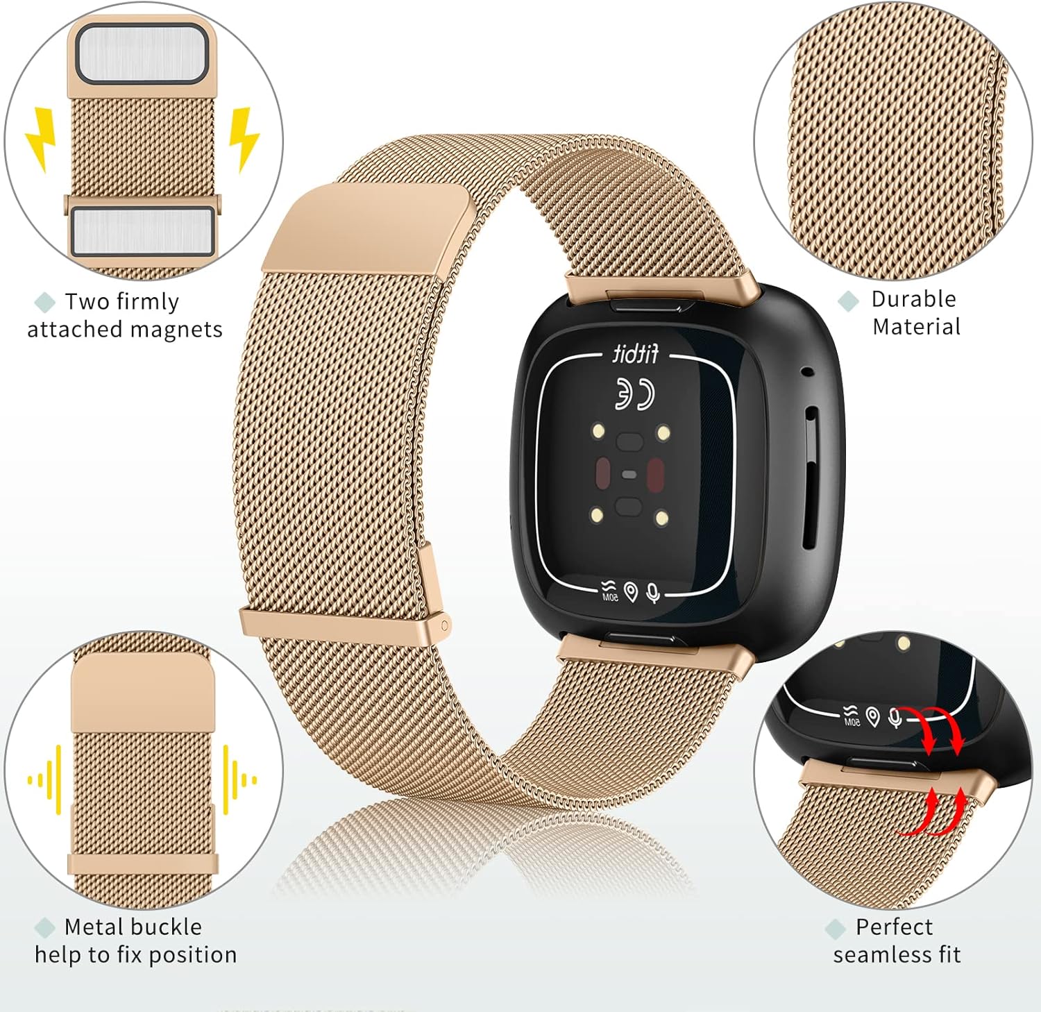 Vanjua Correa de metal para Fitbit Sense BandsFitbit Versa 3 bandas mujeres hombres, malla de acero inoxidable magnética correa de repuesto para