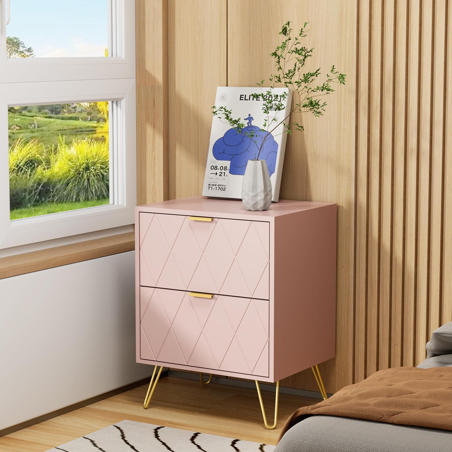Anbuy – Juego de 2 mesitas de noche grandes, color rosa, mesa auxiliar doble, mesita de noche con 2 cajones, doble mesita de noche con patas doradas