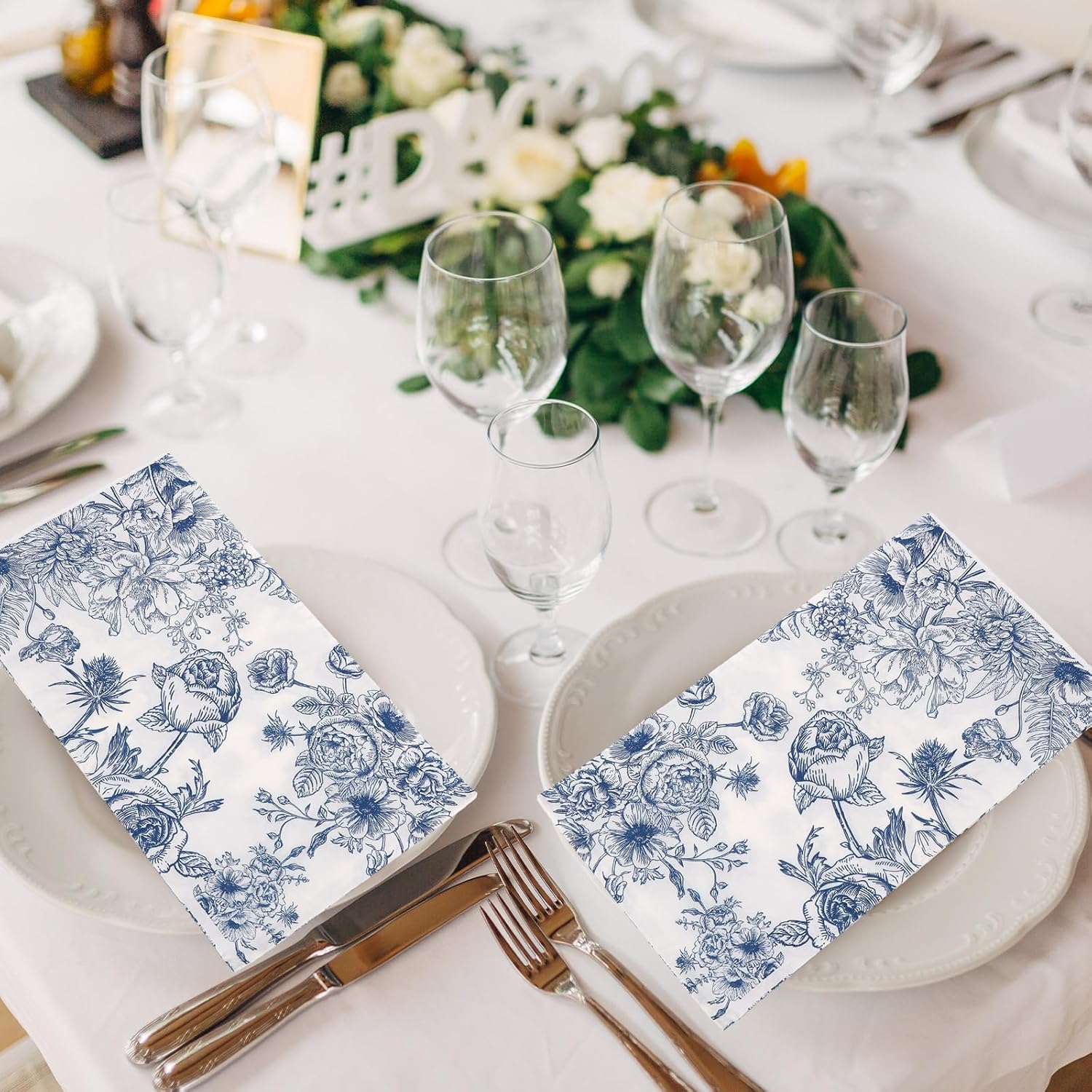 200 servilletas de papel de invitados florales azules y blancas a granel, vintage, primavera, azul, blanco, flores, desechables, toallas de mano