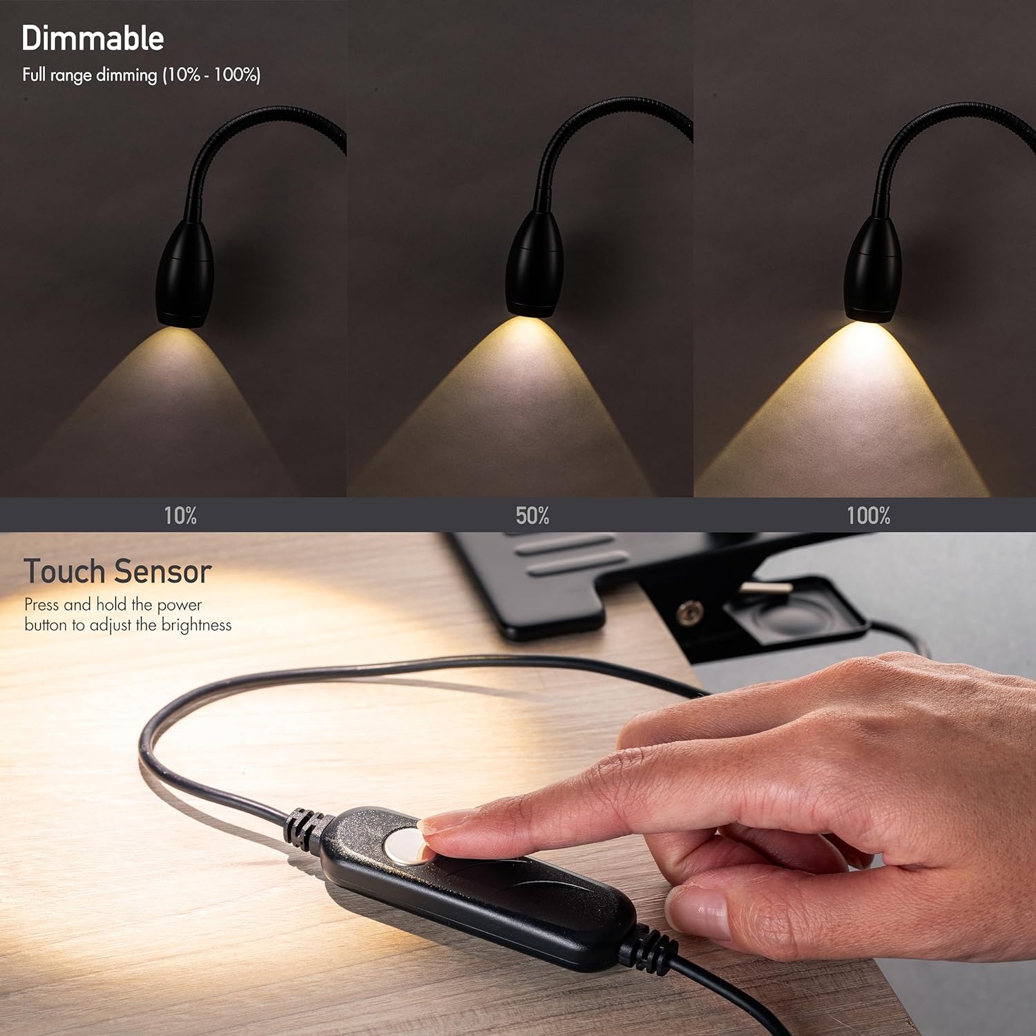 O’Bright Lumos – Lámpara versátil con clip Foco zoomable, LED regulable, cuello de cisne flexible, luz de 4000 K, abrazadera 100% metálica, ideal