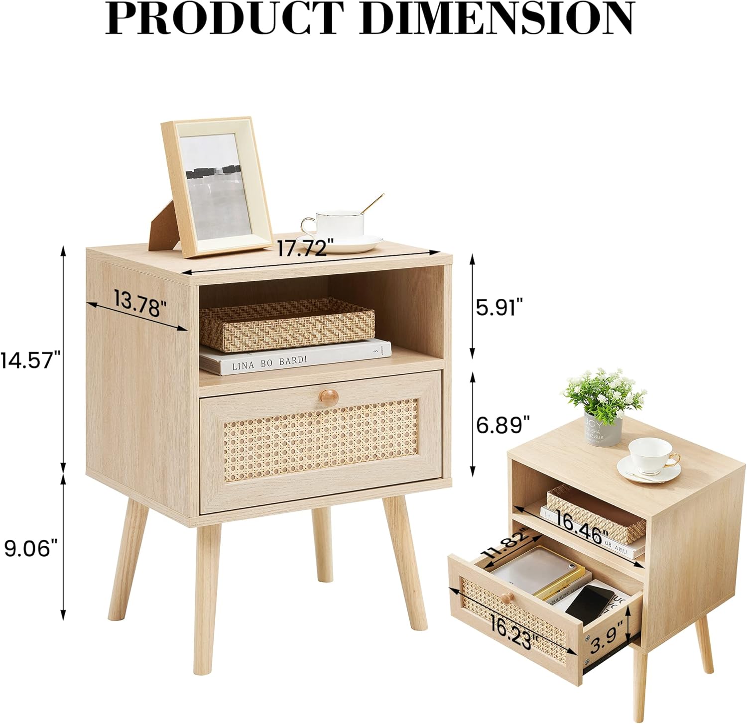IDEALHOUSE Mesita de noche de ratán, mesa auxiliar con cajón, mesa auxiliar con estante de almacenamiento para dormitorio, sala de estar, dormitorio