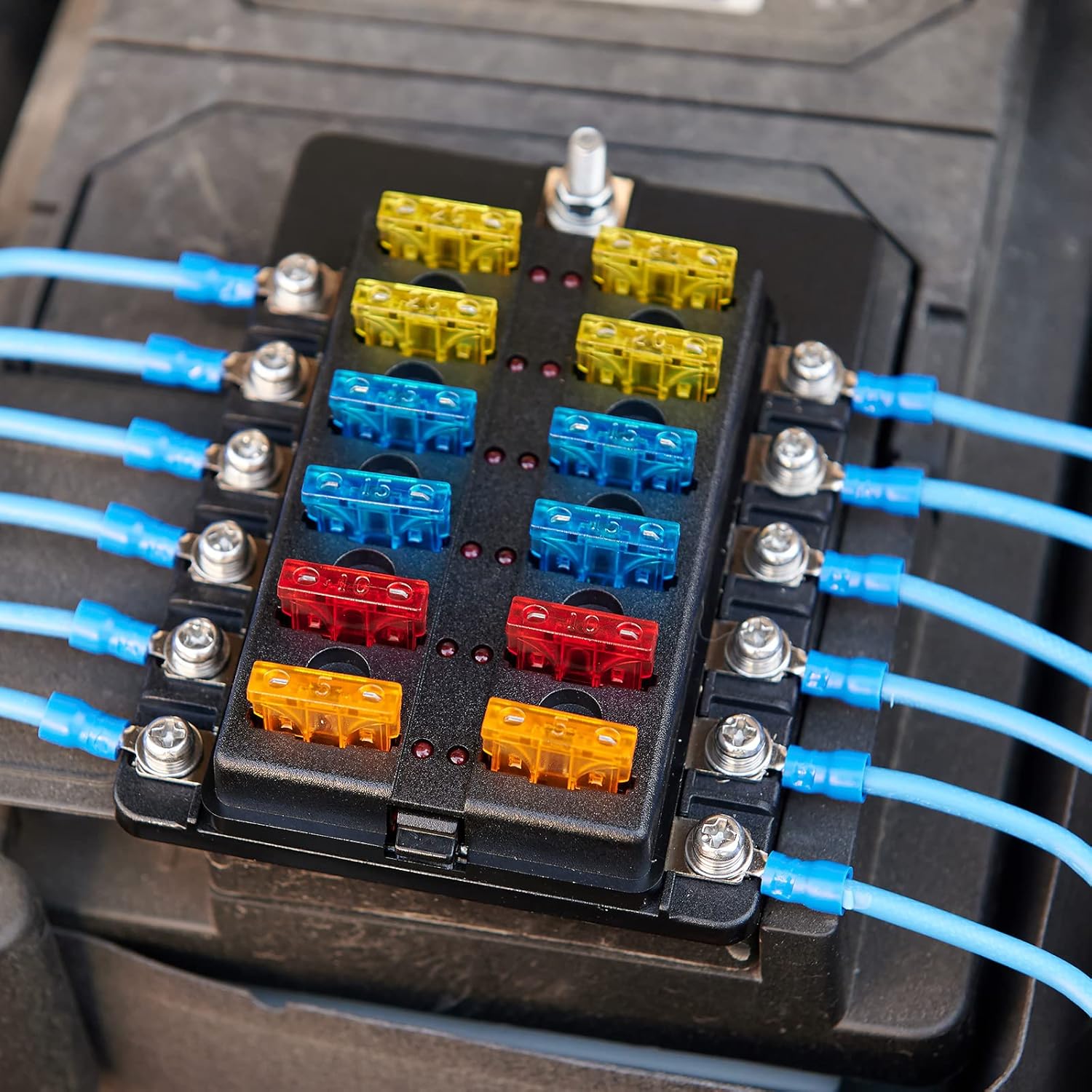 Soyond Bloque de fusibles de 12 voltios, caja de fusibles impermeable con indicador LED, cubierta a prueba de humedad para automóvil DC 12-24 V con