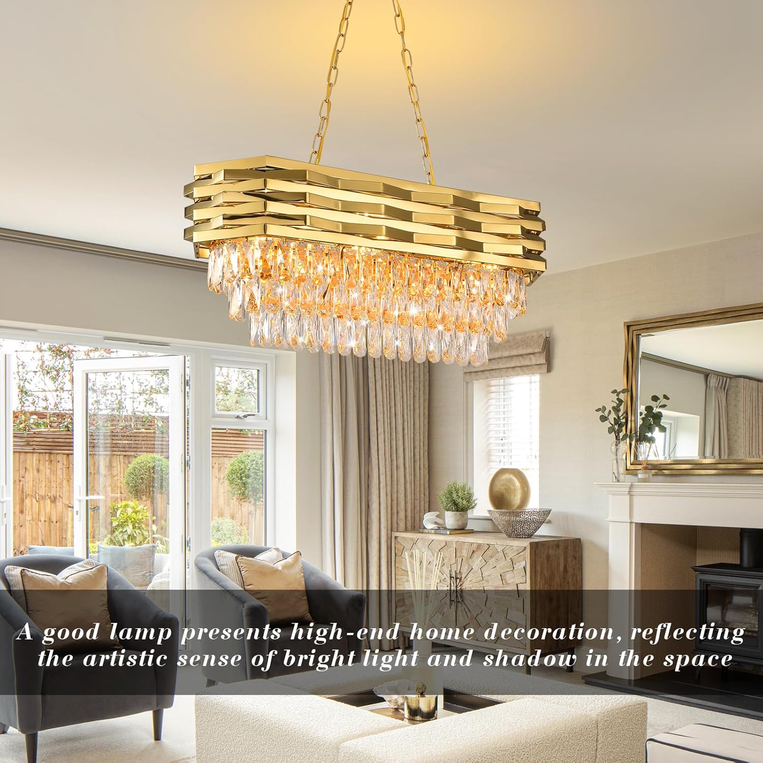Gold Modern Crystal Chandeliers for Dining Room 8-Light Gold Chandelier Living Room Dining Room Chandelier Oval Ceiling Hanging Light Pendant Light