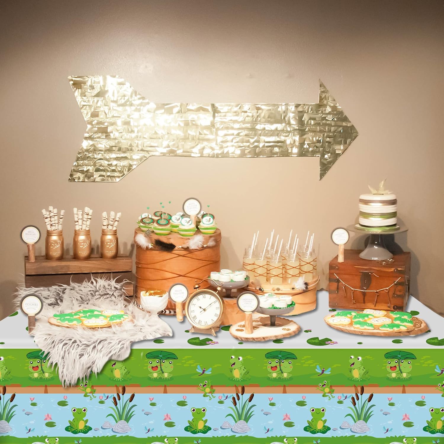 KEFAN Paquete de 4 manteles de rana para decoración de fiesta, manteles verdes para fiesta de cumpleaños, decoración de mesa rectangular, baby