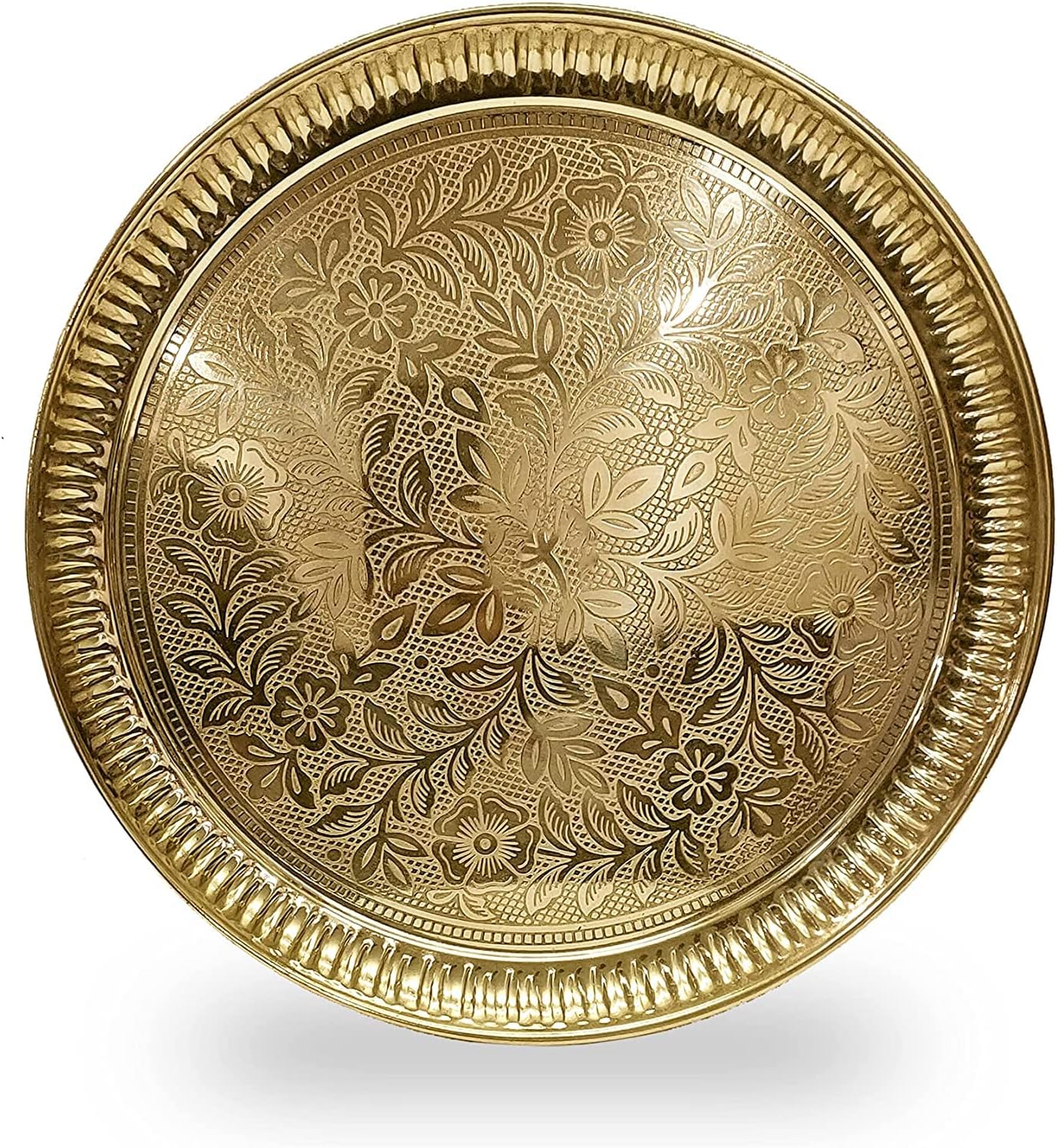 CRAFTSMAN 10 pulgadas de latón puro Nakshi diseño de flor en relieve Aarti Puja Nakashi Thali Plato Prasad Chandan Karwachauth Diwali Festival indio