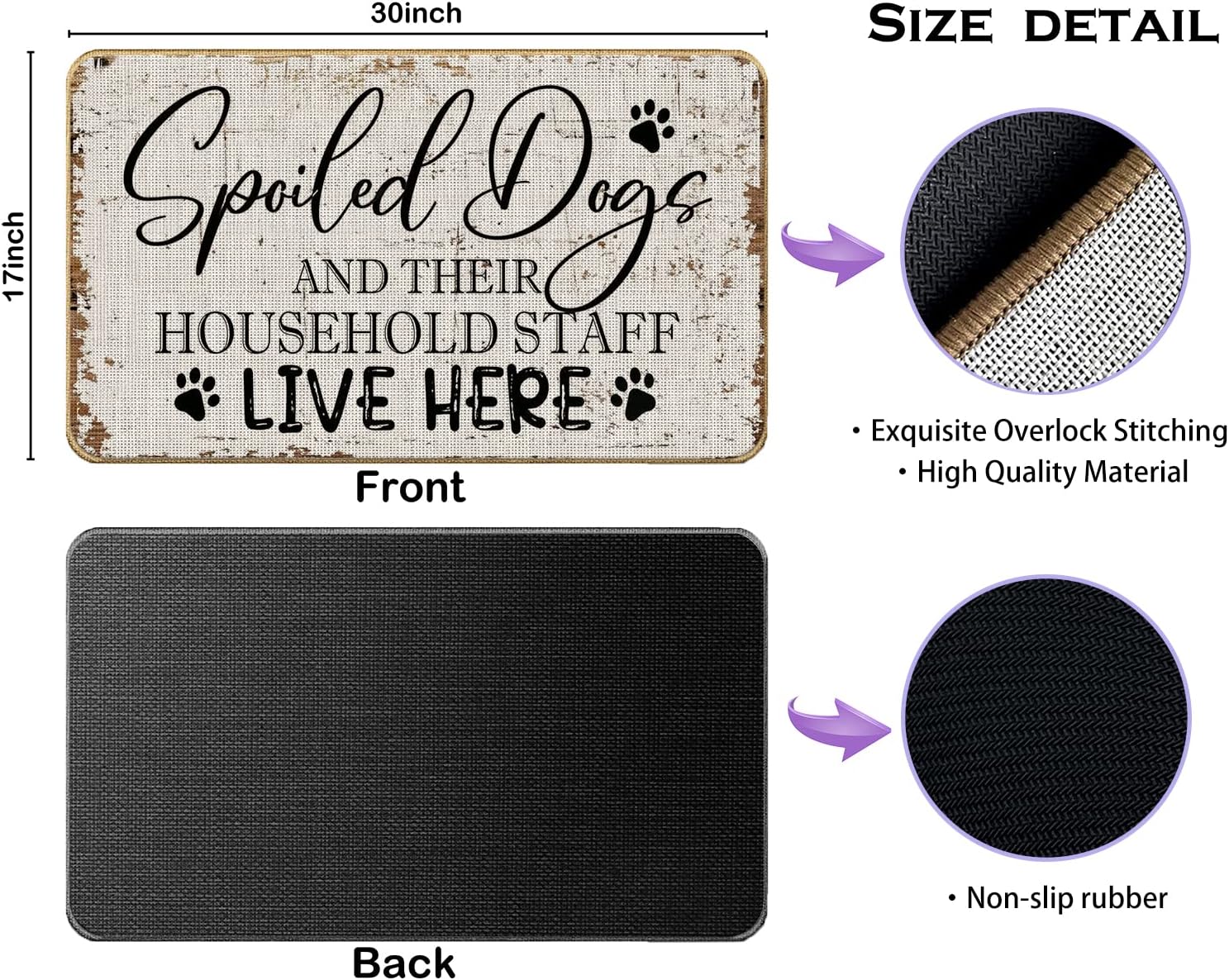 Spoiled Dogs Live Here – Tapete retro con estampado de patas de perro, 17 x 30 pulgadas, antideslizante, tapete de bienvenida al aire libre, para