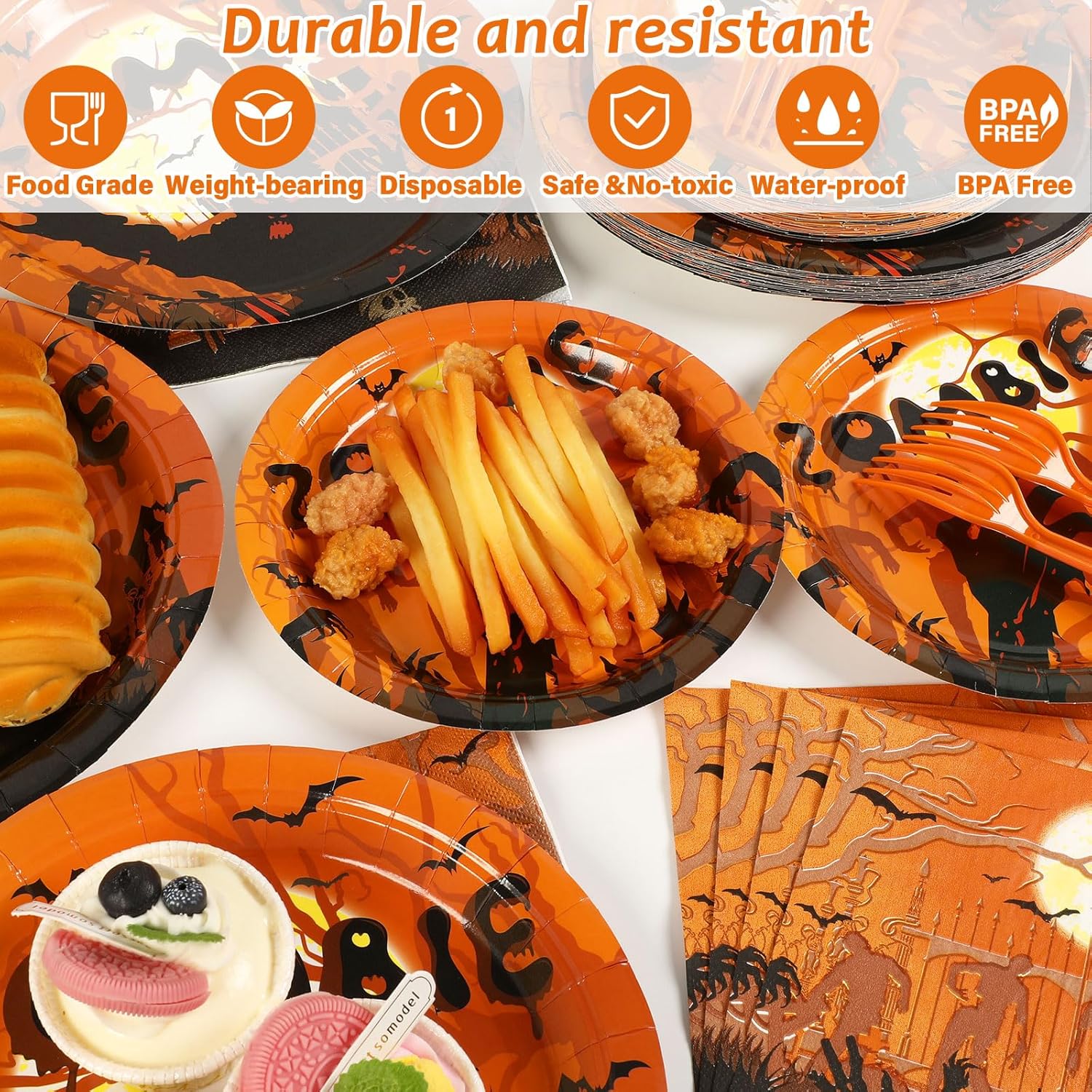 96 piezas de decoraciones de fiesta de Halloween, suministros de fiesta de cumpleaños zombi, platos, servilletas, fiesta de Halloween, vajilla de