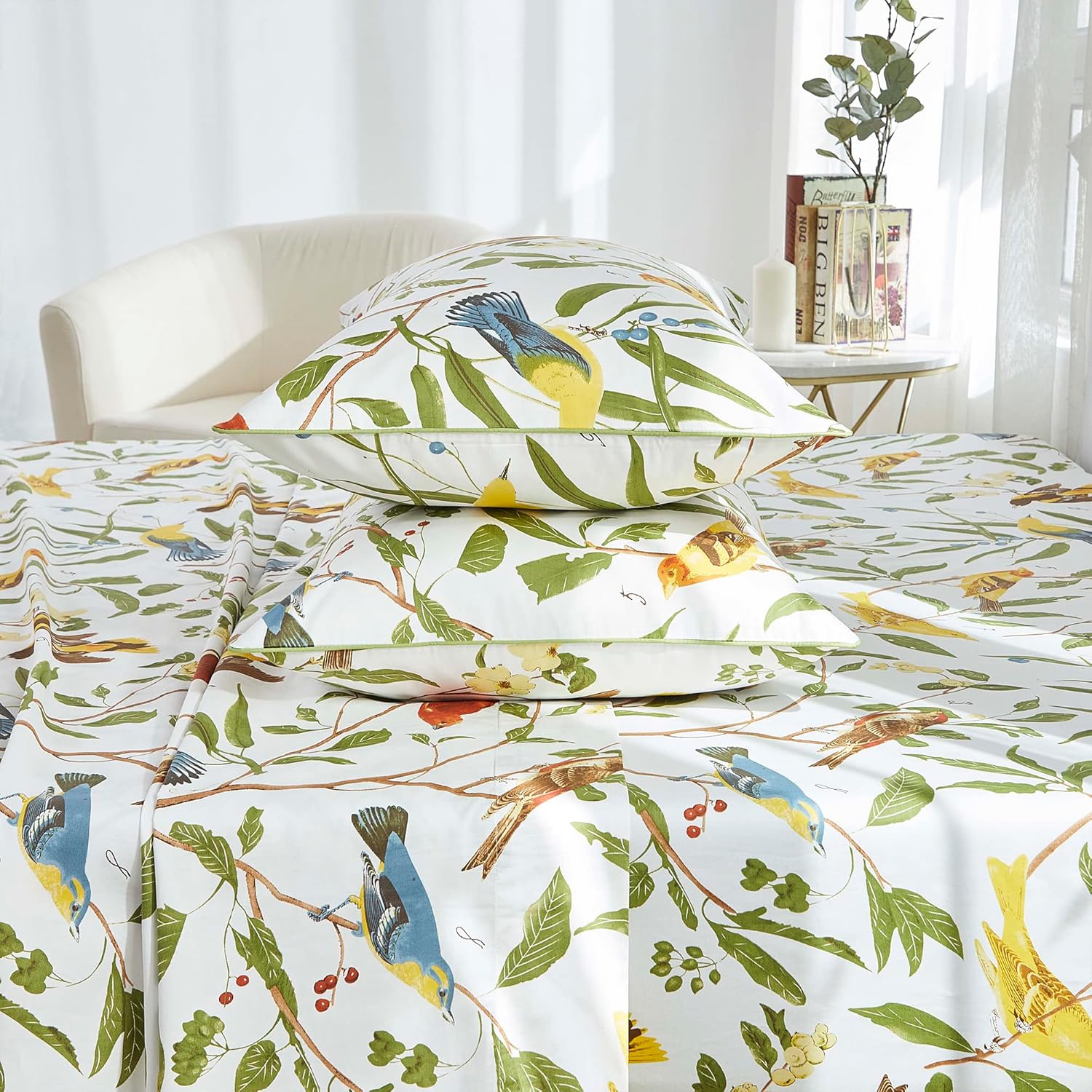 Brandream Juego de sábanas de lujo con diseño de pájaros florales orientales, 800 hilos, 100% algodón egipcio, bolsillo profundo, color blanco,