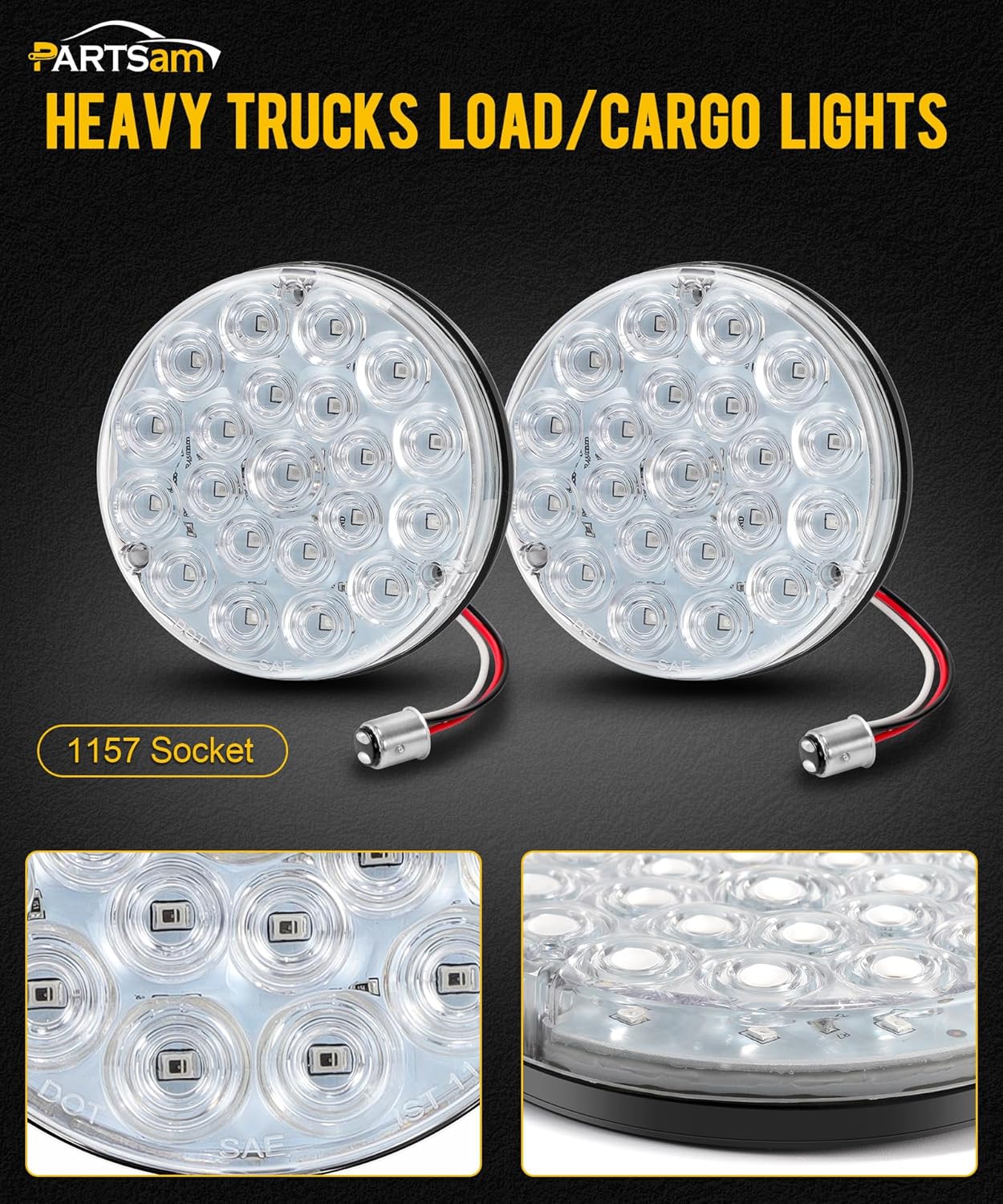 Partsam Luz trasera redonda de 4 pulgadas, 21-2835 LED, luces auxiliares azules, luz de carga de carga con 1157 zócalo TPE, lente transparente de