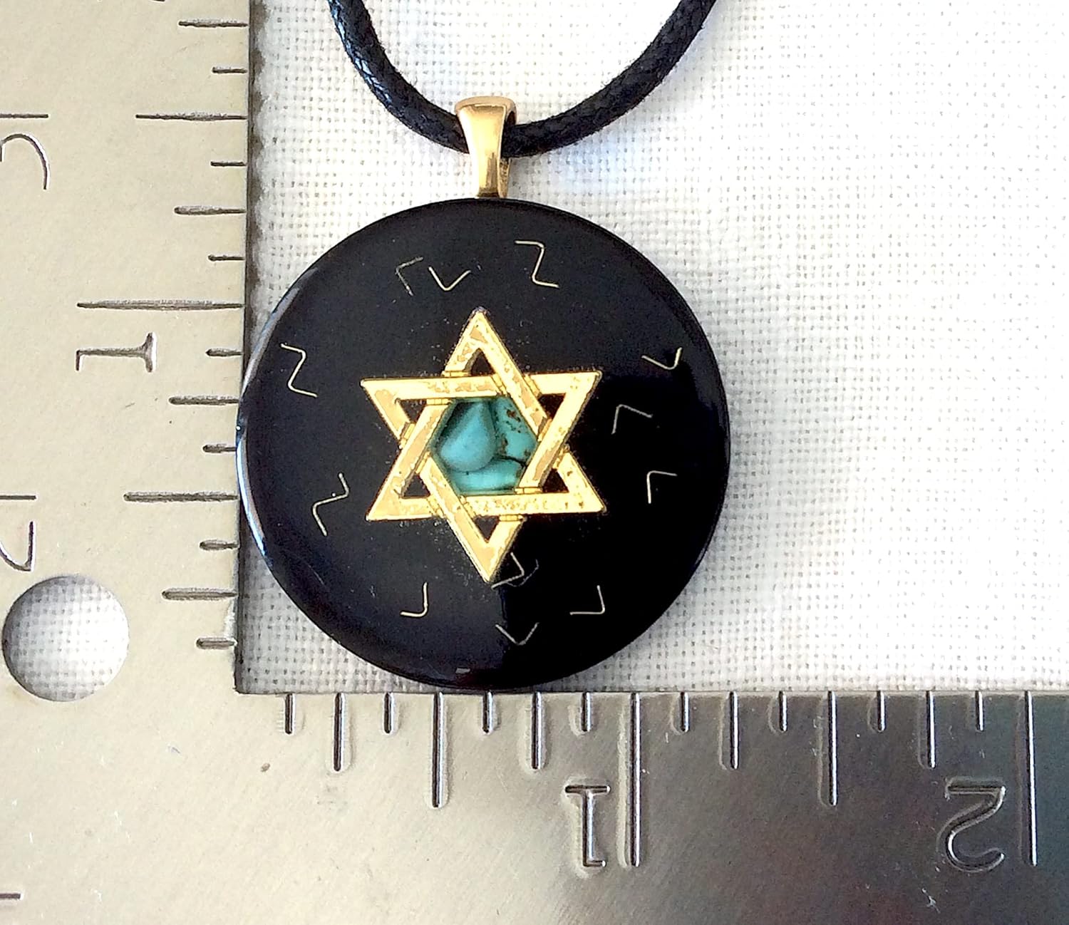 Orgone pendant necklace with golden Star of David, Turquoise & Black Tourmaline stones. Made in USA