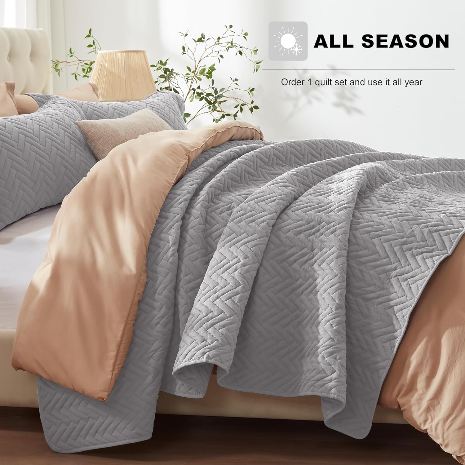 GRT Juego de edredón gris tamaño King con fundas de almohada, edredón ligero, reversible, estilo moderno, patrón rectangular, juego de ropa de cama