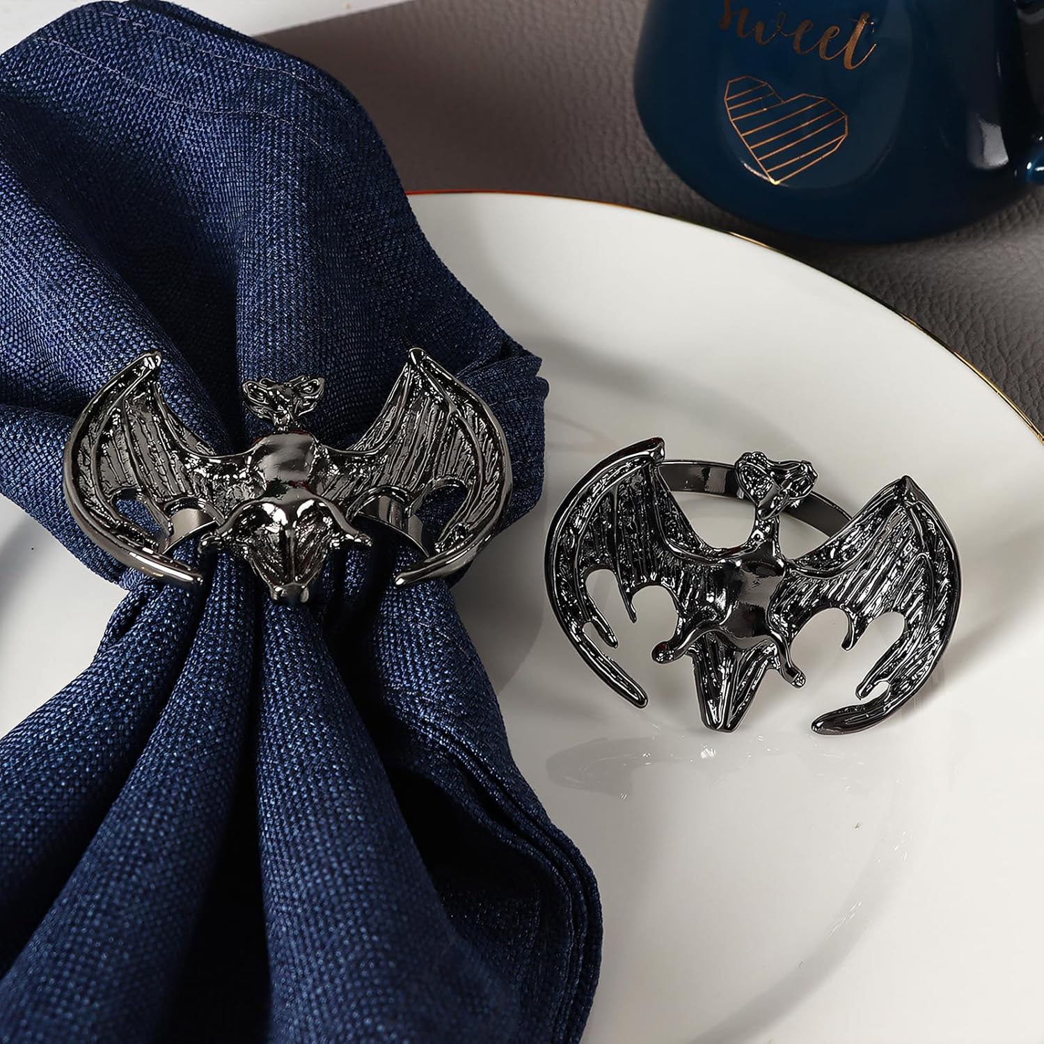 Juego de 6 servilleteros de metal, servilleteros de Halloween para cena, banquete de fiesta de vacaciones, decoración de mesa de buffet (murciélago)