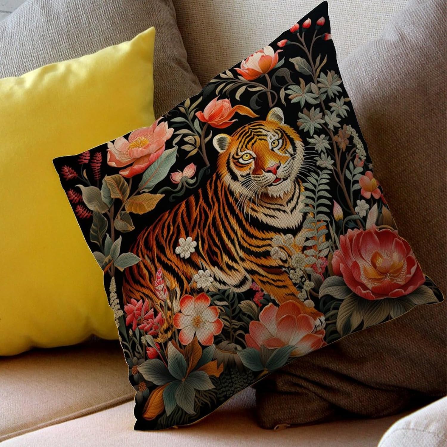 popeven Funda de almohada con cremallera y diseño de animales con cremallera, diseño de rayas de tigre colorido, chinoiserie, para el hogar,
