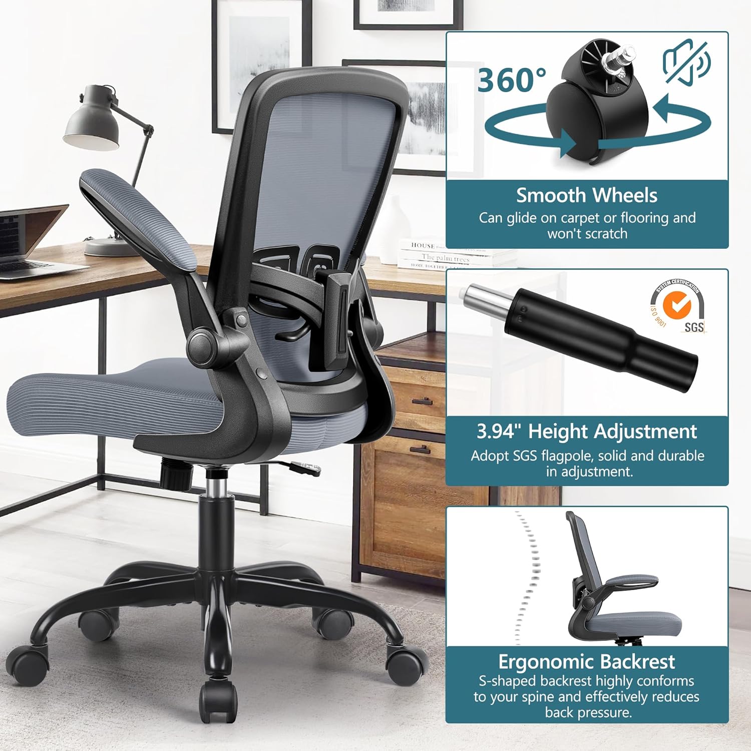 MINLOVE Silla de oficina ergonómica con soporte lumbar ajustable y altura, reposabrazos abatibles de 90, sillas de escritorio Ergo con ruedas, silla