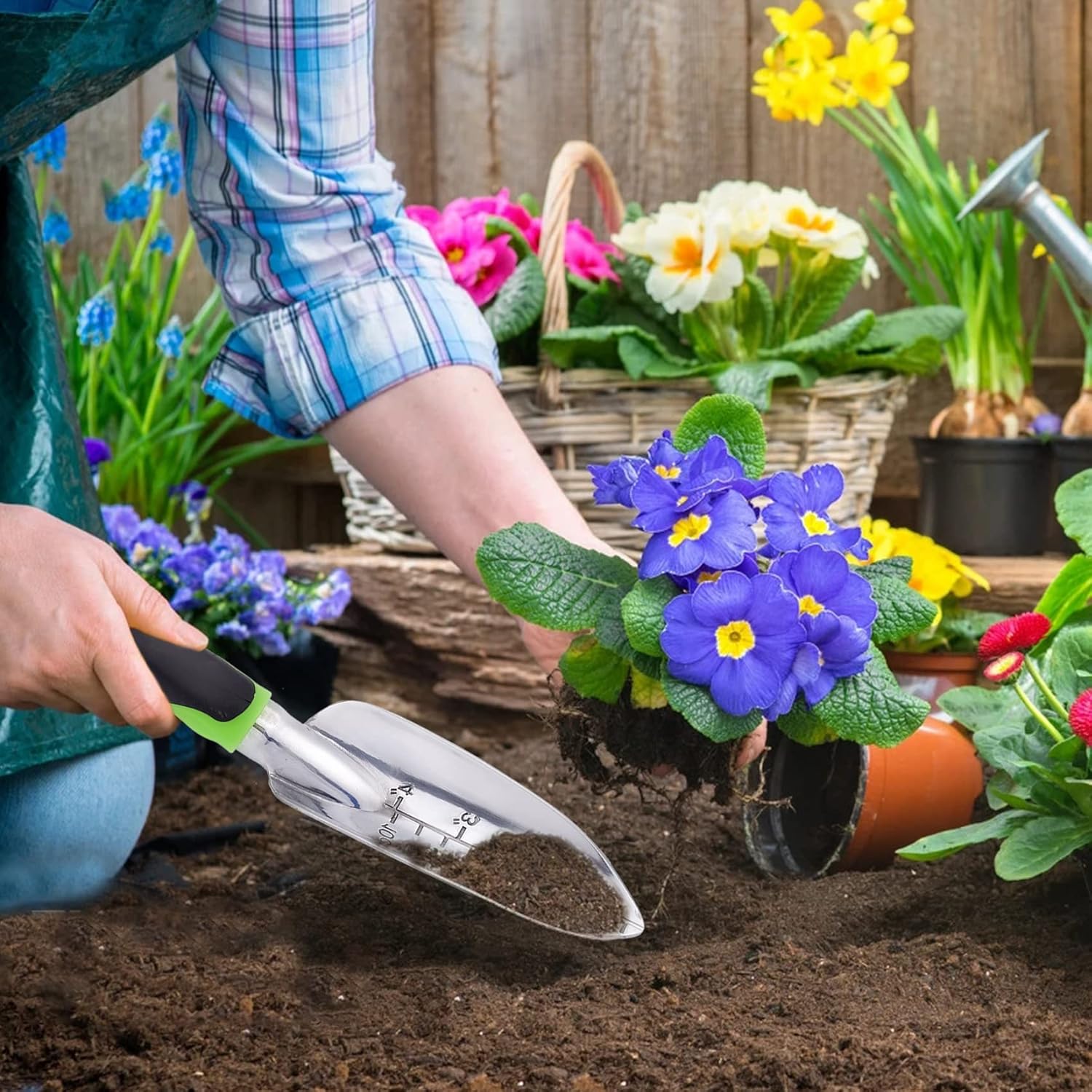 Paleta de jardín y pala ancha de mano puntiaguda con mango ergonómico antideslizante de goma suave para plantar, trasplantar, deshierbar, mover y