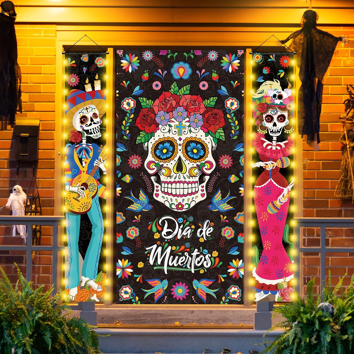 Tiamon 3 carteles de Día de los Muertos con luces LED, decoración de puerta de fiesta mexicana Día de los Muertos, pancarta de puerta de calavera de