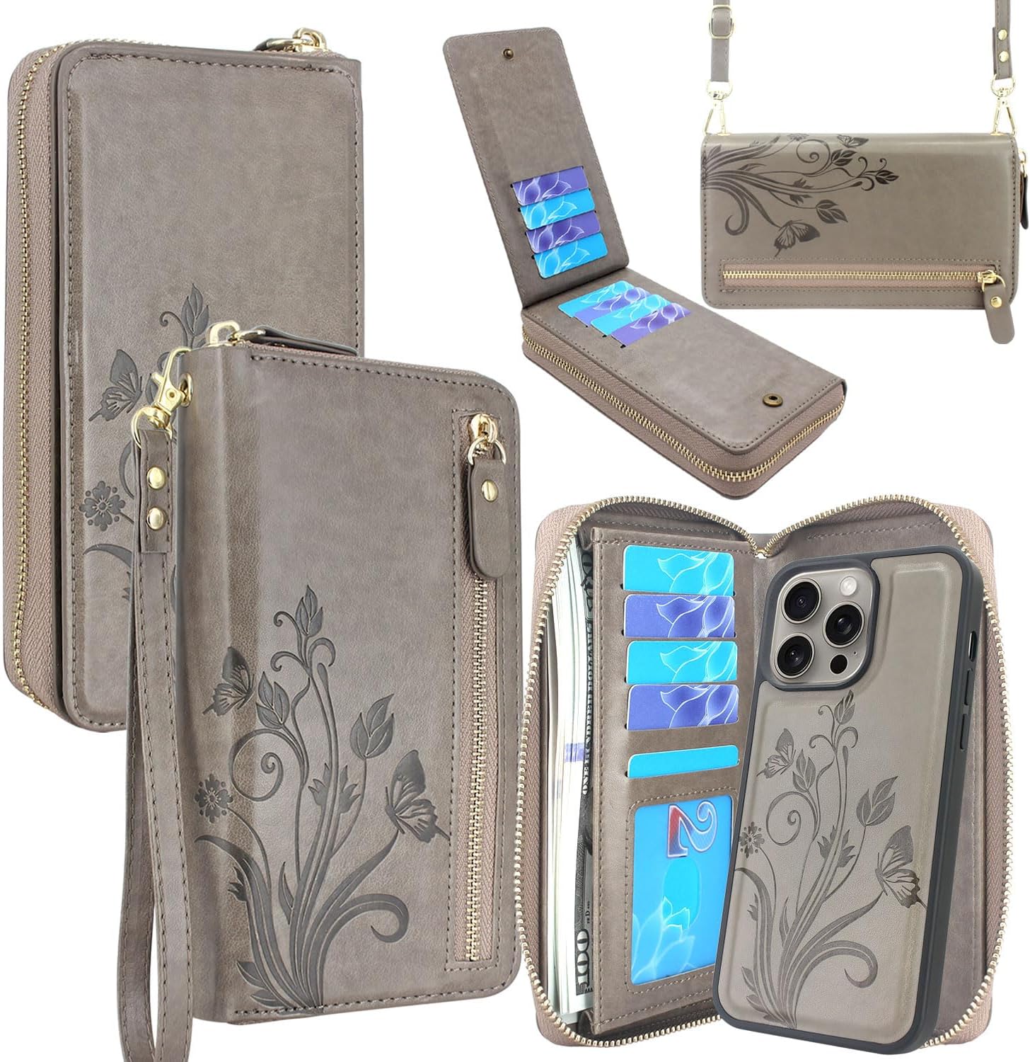 Lacass Funda tipo cartera compatible con iPhone 15 Pro Max de 6.7 pulgadas 2023, funda cruzada de cuero desmontable con doble cremallera para