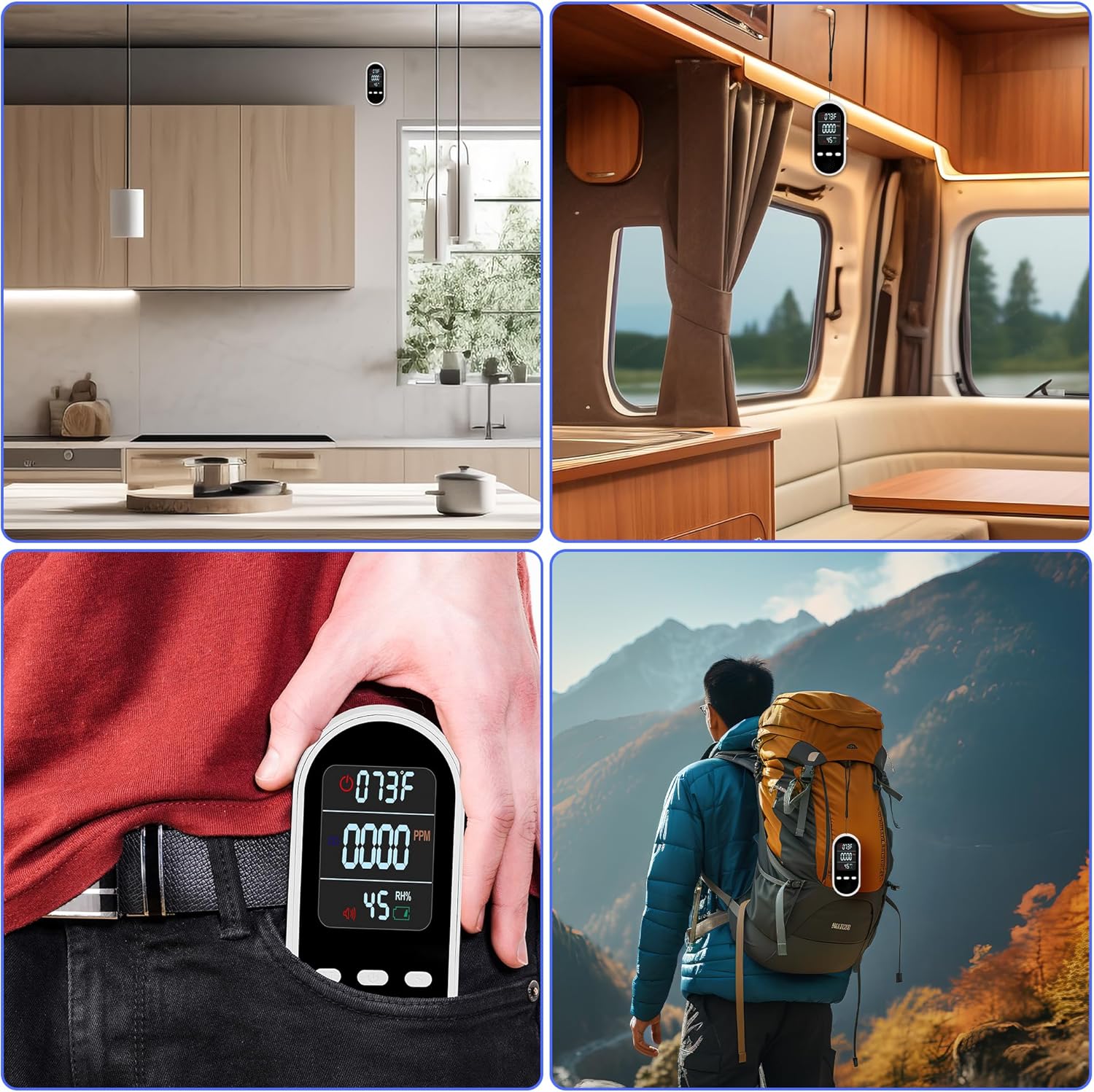 Vzmcov Detector de monóxido de carbono 3 en 1 portátil. Mini monitor de calidad del aire con alarma de cordón, sensor de gas COhumedadtemperatura