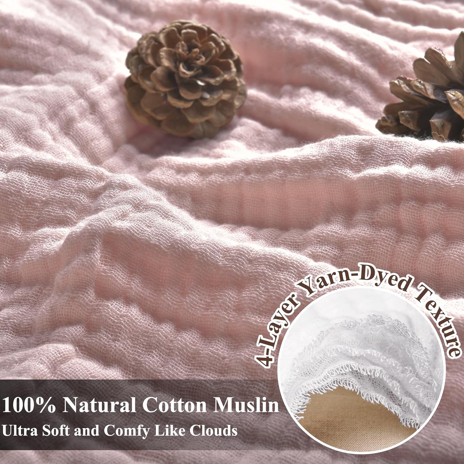 PHF Manta 100% de muselina de algodón de 50 x 60 pulgadas, manta ligera y transpirable de 4 capas, manta de gasa ultrasuave para sofá, cama,
