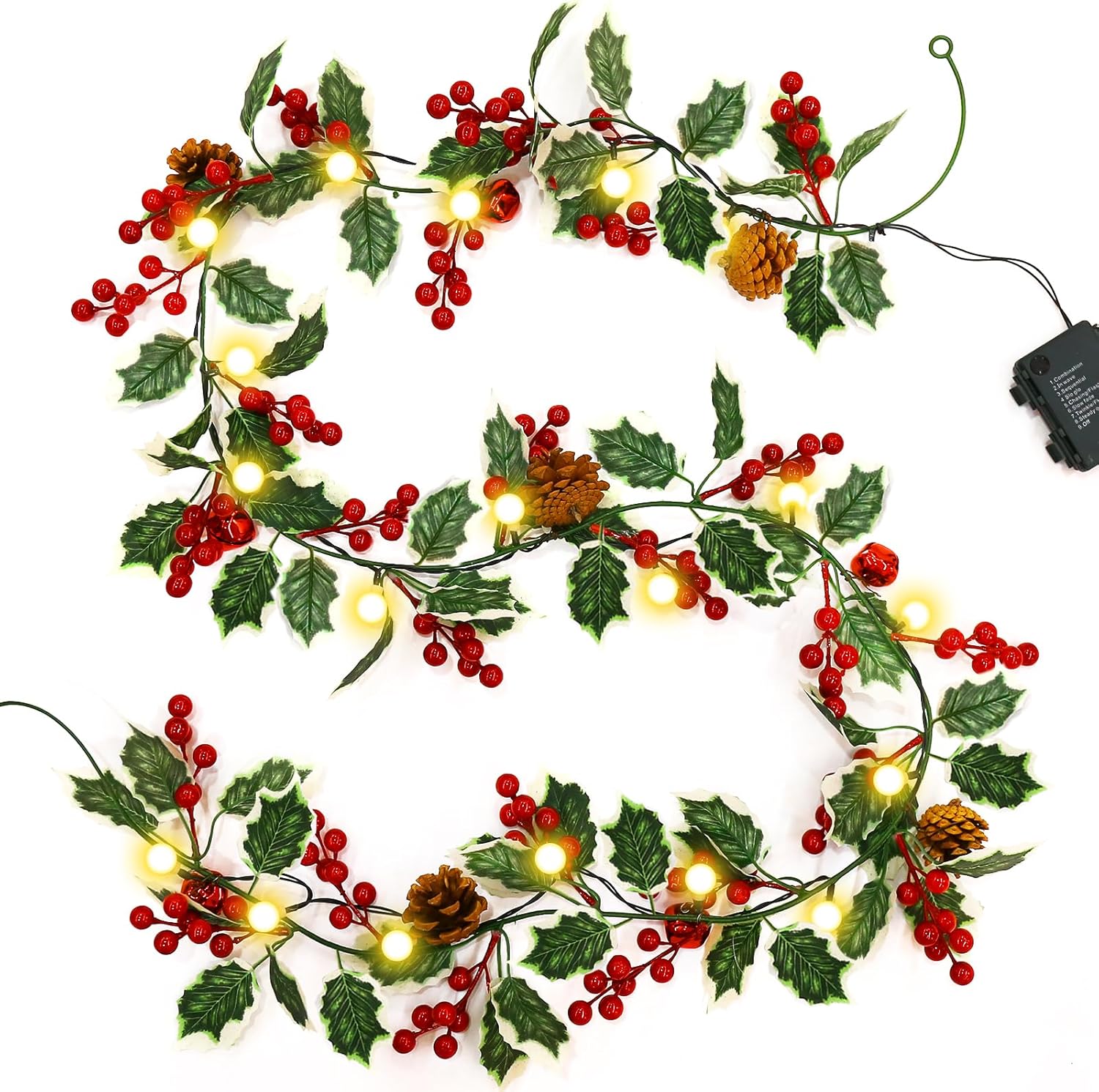 Marchpower Guirnalda de Navidad con luces, 5.7 pies, 20 luces LED, funciona con pilas, guirnalda iluminada de bayas rojas, decoraciones de Navidad