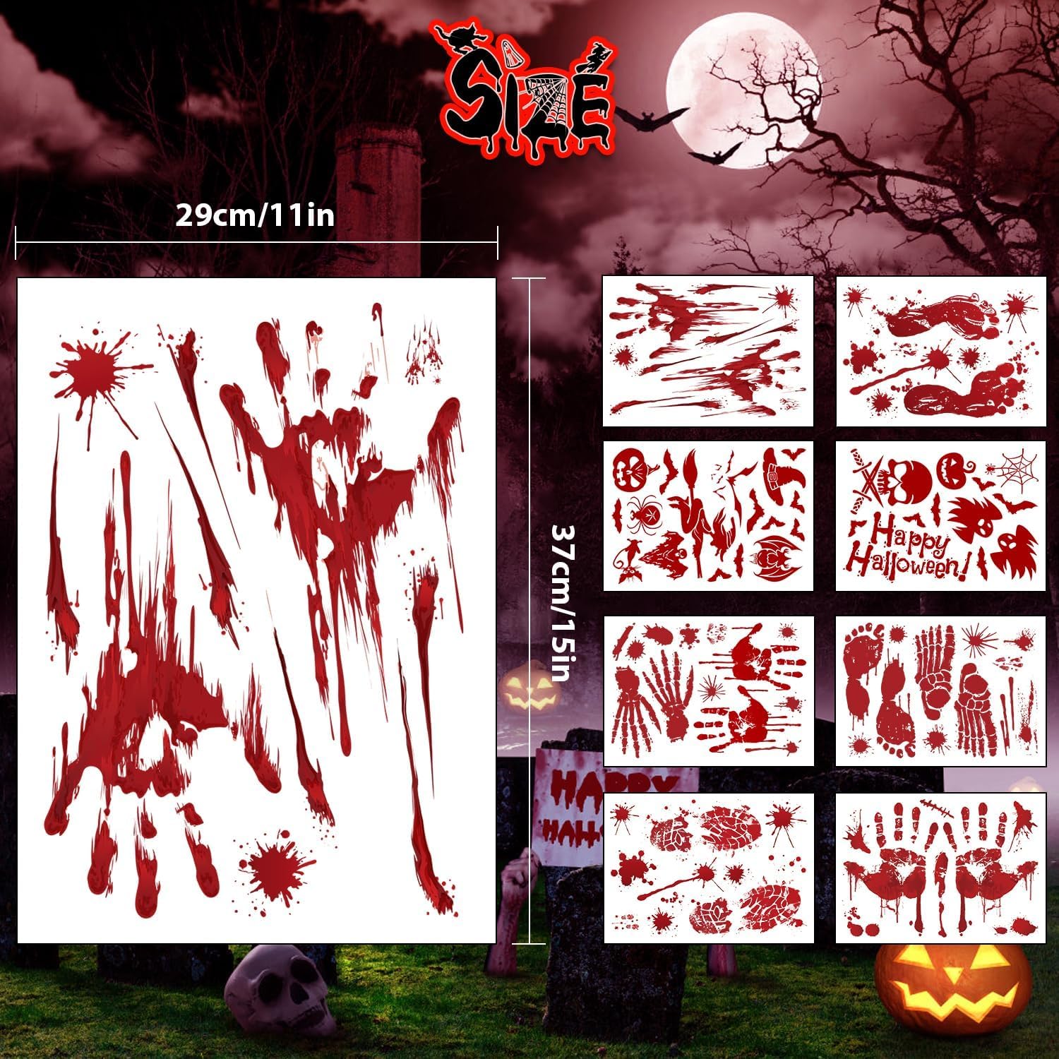 Decoraciones de Halloween, 8 hojas95 piezas de huellas de manos sangrientas de Halloween, calcomanías de pared para el suelo, huellas de terror para