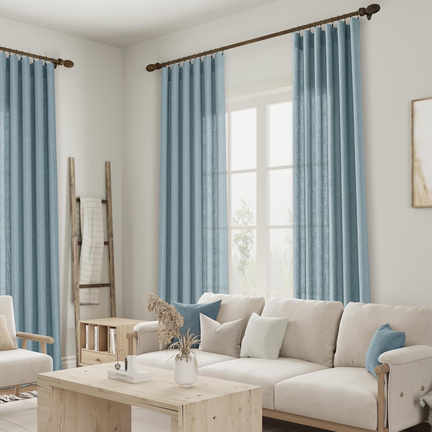 Guken Cortinas de lino azul de 108 pulgadas de largo para sala de estar o dormitorio, juego de 2 paneles de cortinas semitransparentes con bolsillo