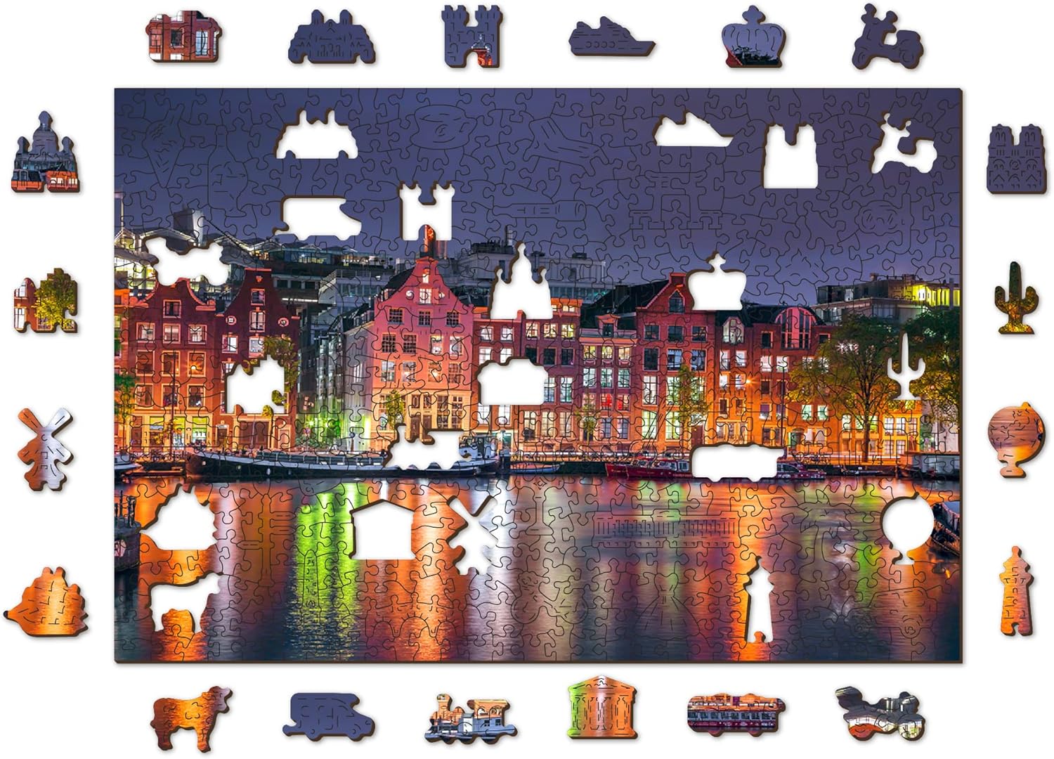 WOODEN.CITY 500 + 5 piezas – Amsterdam By Night – Rompecabezas de madera – Juego de rompecabezas de paisaje escénico con piezas de formas inusuales