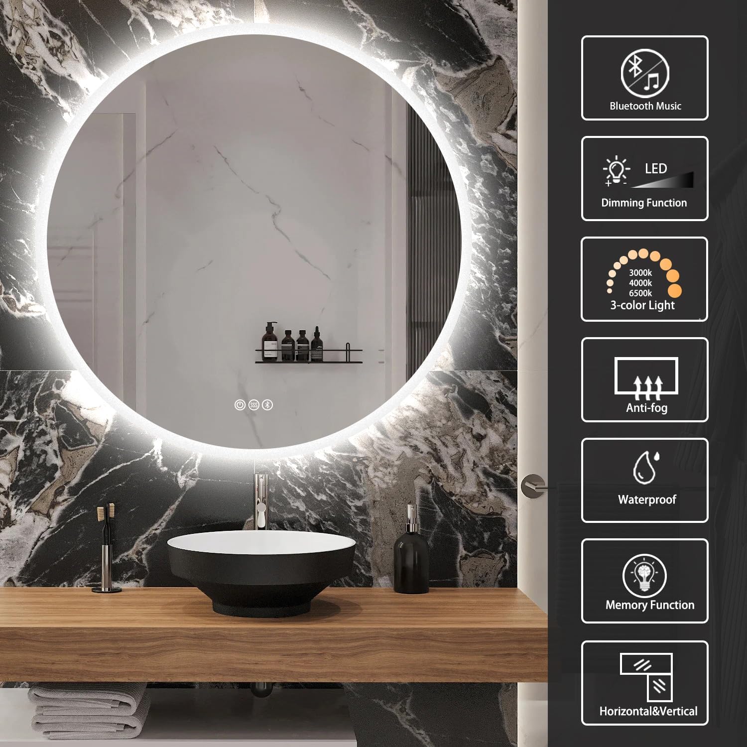 SBAGNO – Espejo de baño redondo de 32 luces con marco acrílico, espejo de baño LED de tocador montado en la pared, atenuación, cambio de color,